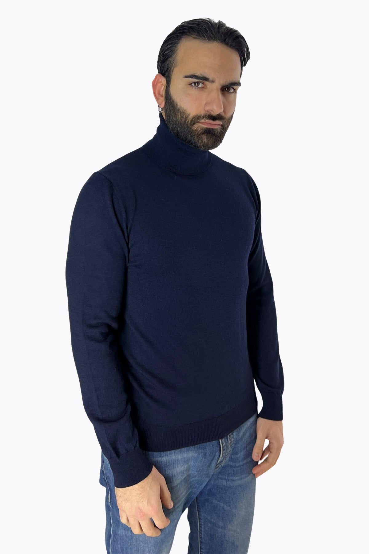Maglioncino collo alto da uomo blu 100% lana merinos slim fit made in Italy