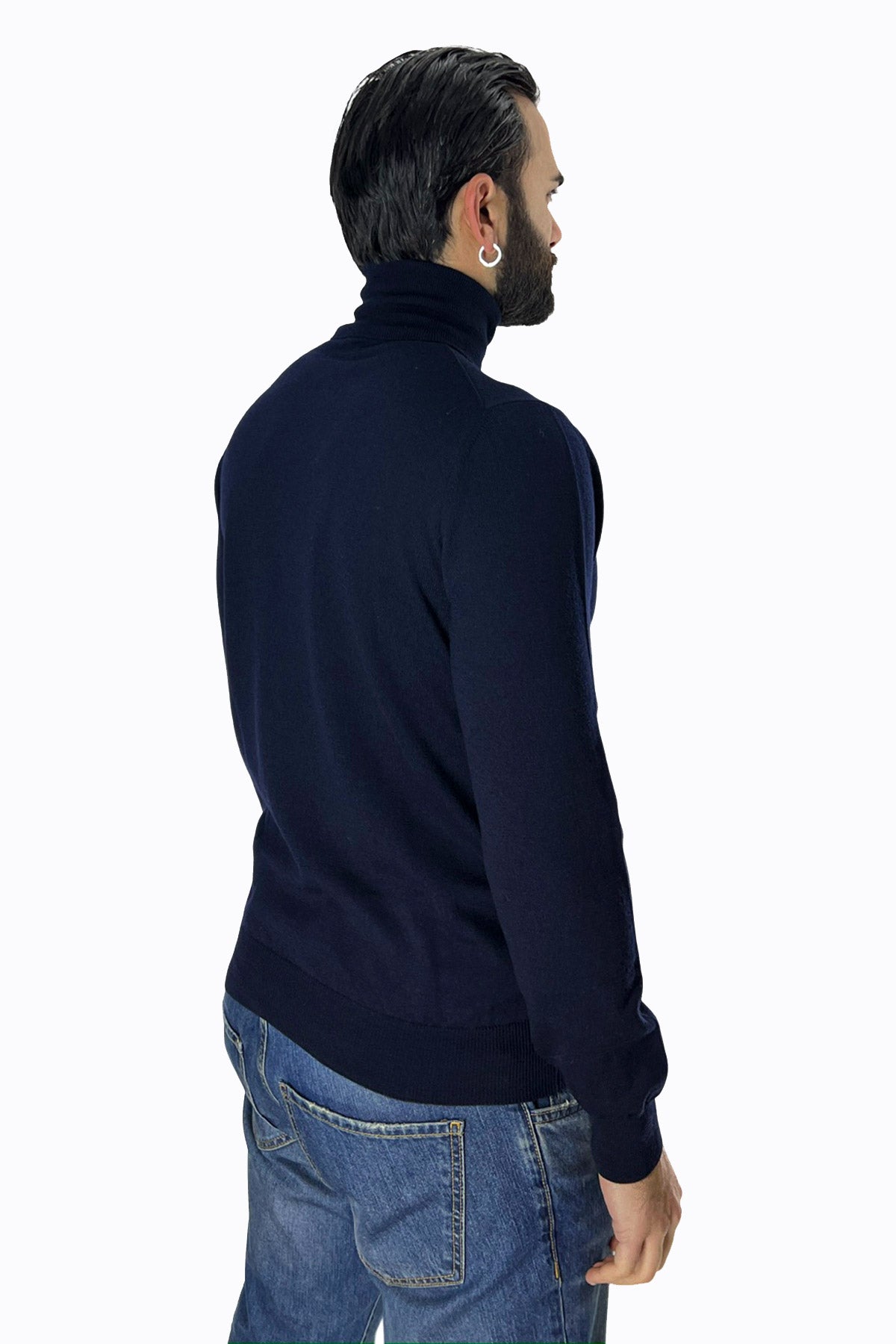 Maglioncino collo alto da uomo blu 100% lana merinos slim fit made in Italy