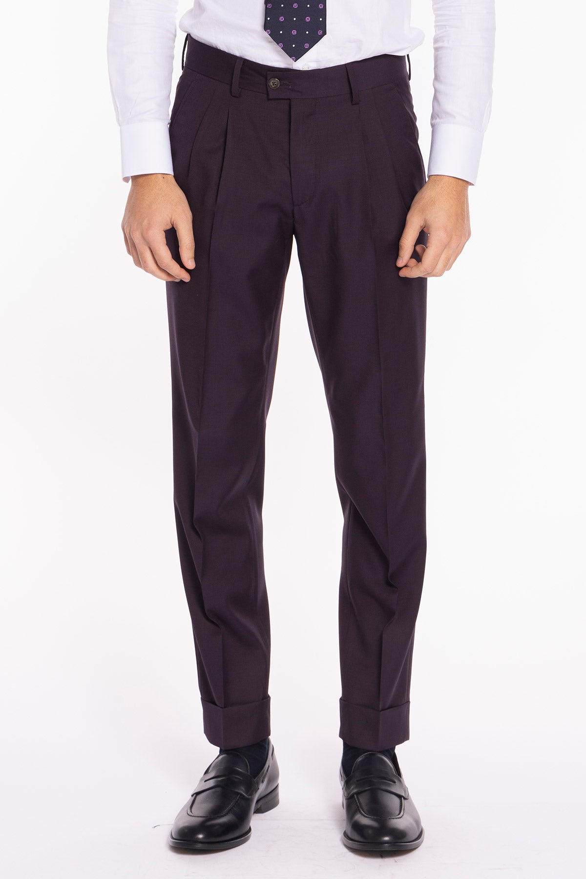 Pantalone uomo viola in fresco lana 120's Holland & Sherry vita alta doppia pinces e risvolto 5cm