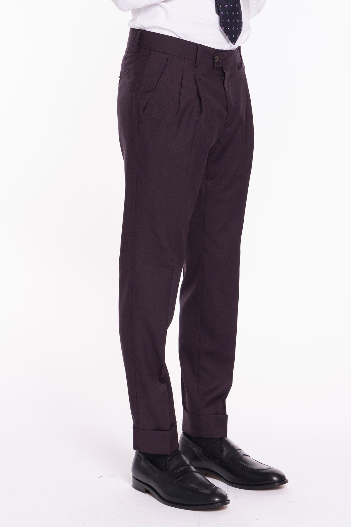 Pantalone uomo viola in fresco lana 120's Holland & Sherry vita alta doppia pinces e risvolto 5cm