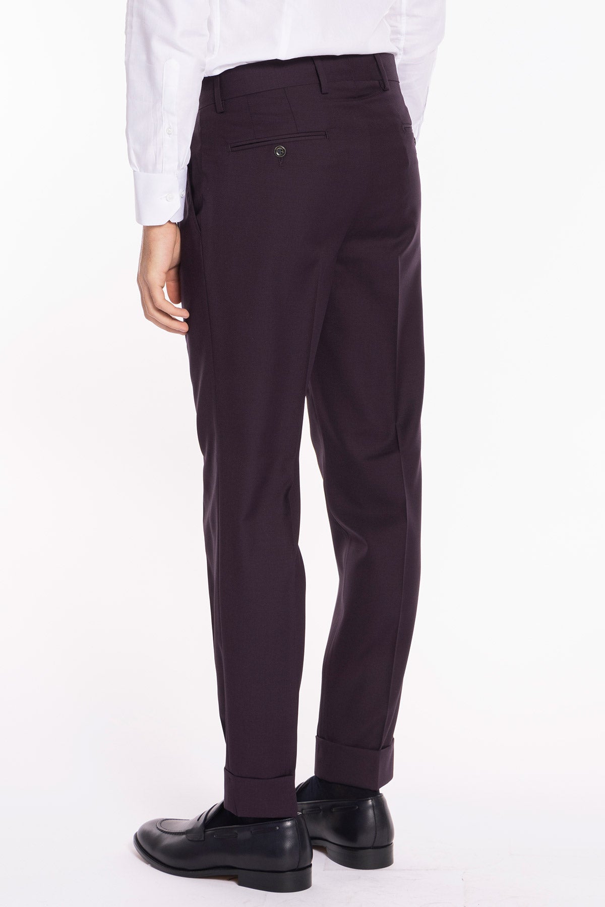 Pantalone uomo viola in fresco lana 120's Holland & Sherry vita alta doppia pinces e risvolto 5cm