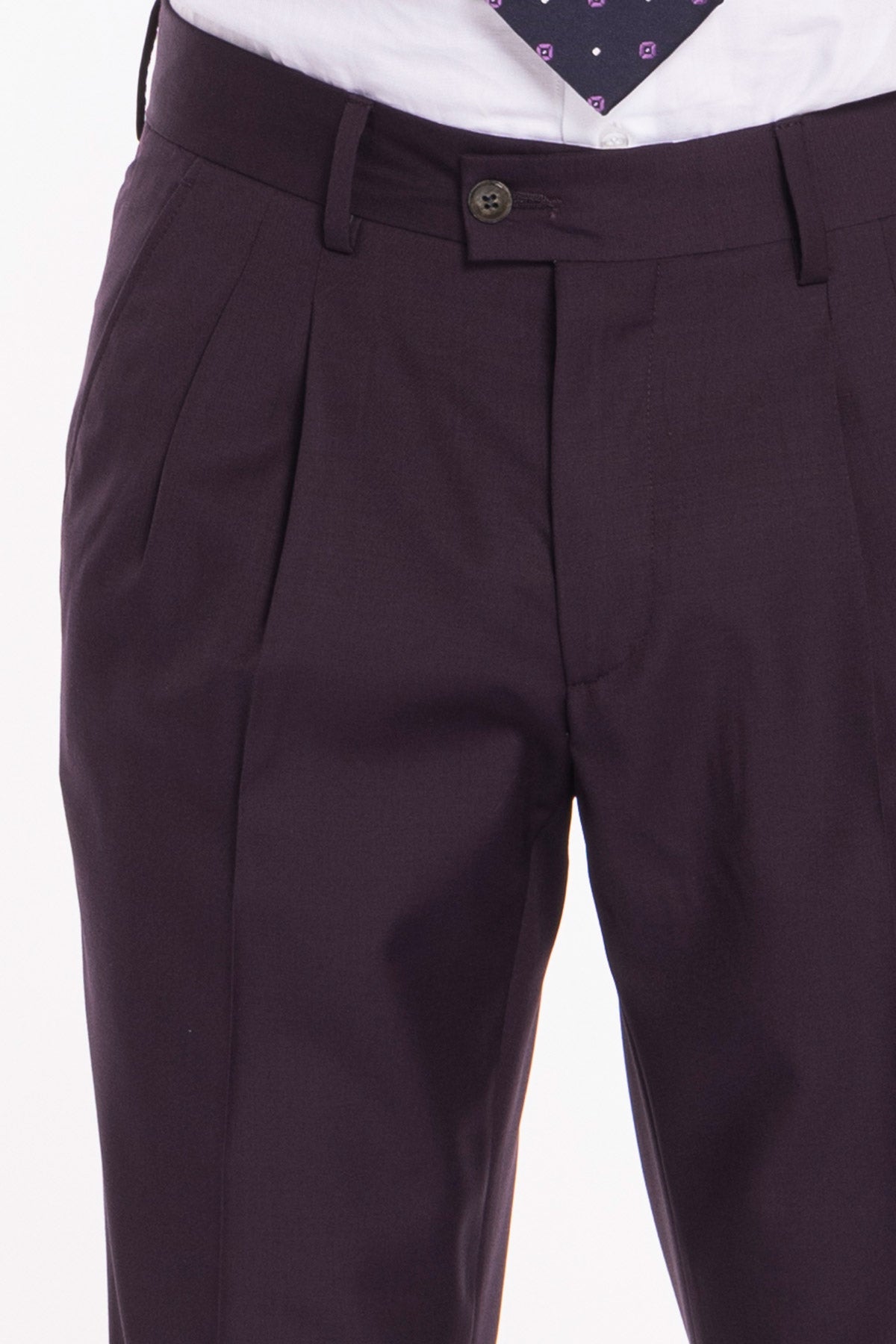 Pantalone uomo viola in fresco lana 120's Holland & Sherry vita alta doppia pinces e risvolto 5cm