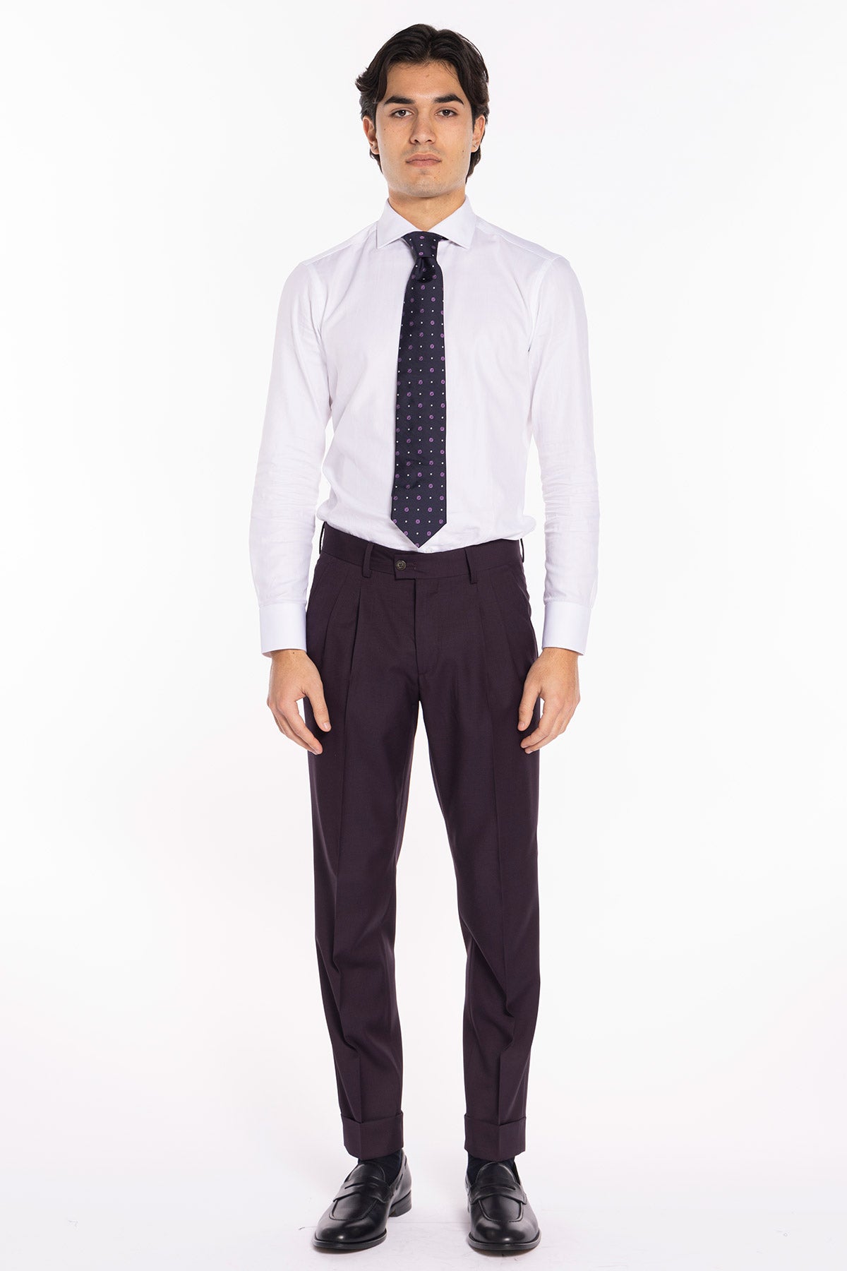 Pantalone uomo viola in fresco lana 120's Holland & Sherry vita alta doppia pinces e risvolto 5cm