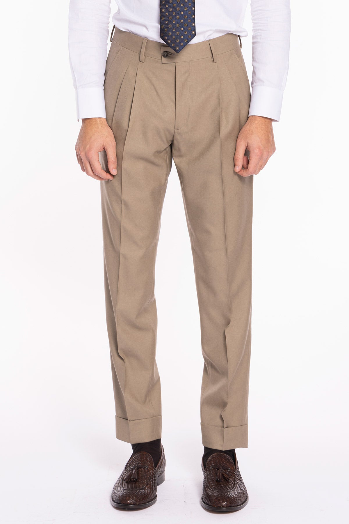 Pantalone uomo beige in fresco lana super 140's Holland & Sherry vita alta doppia pinces e risvolto 5cm