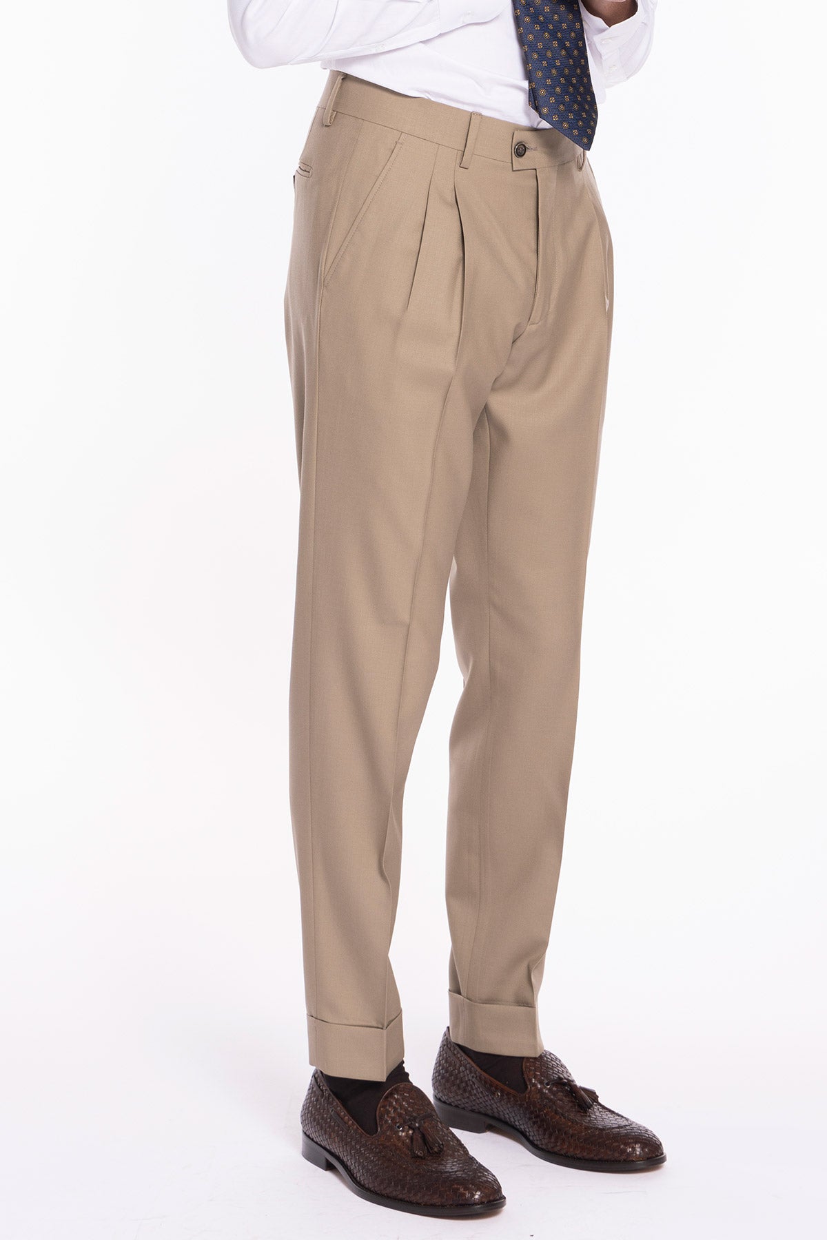 Pantalone uomo beige in fresco lana super 140's Holland & Sherry vita alta doppia pinces e risvolto 5cm