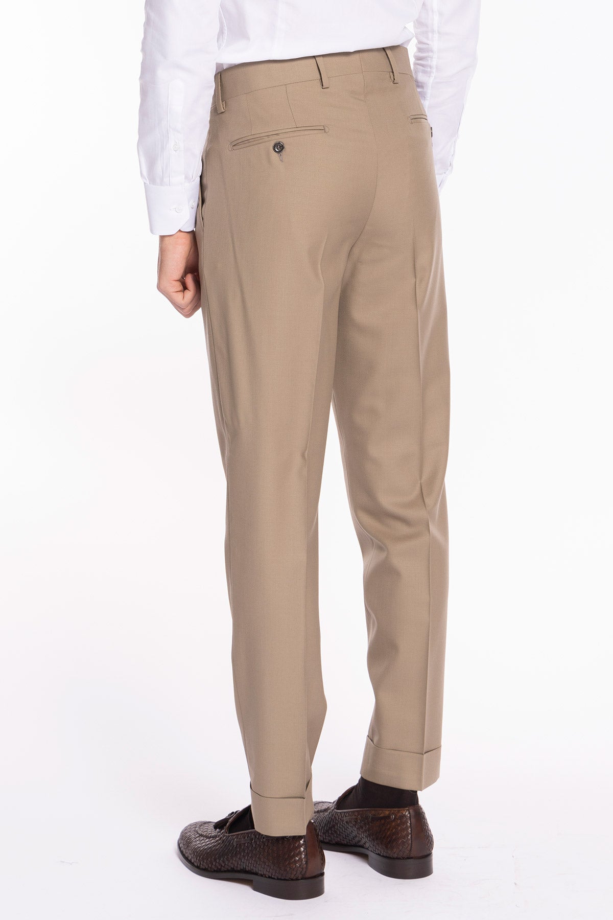 Pantalone uomo beige in fresco lana super 140's Holland & Sherry vita alta doppia pinces e risvolto 5cm