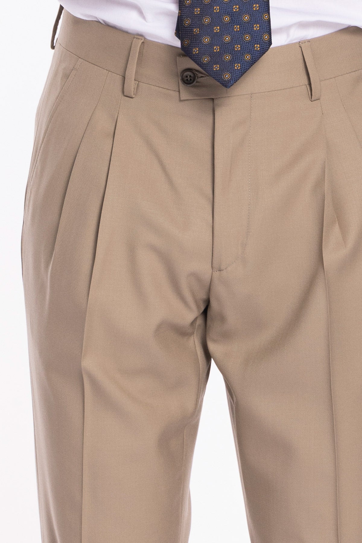 Pantalone uomo beige in fresco lana super 140's Holland & Sherry vita alta doppia pinces e risvolto 5cm