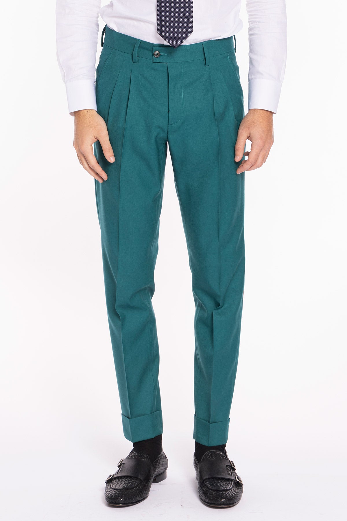 Pantalone uomo verde menta in fresco lana super 140's Holland & Sherry vita alta doppia pinces e risvolto 5cm