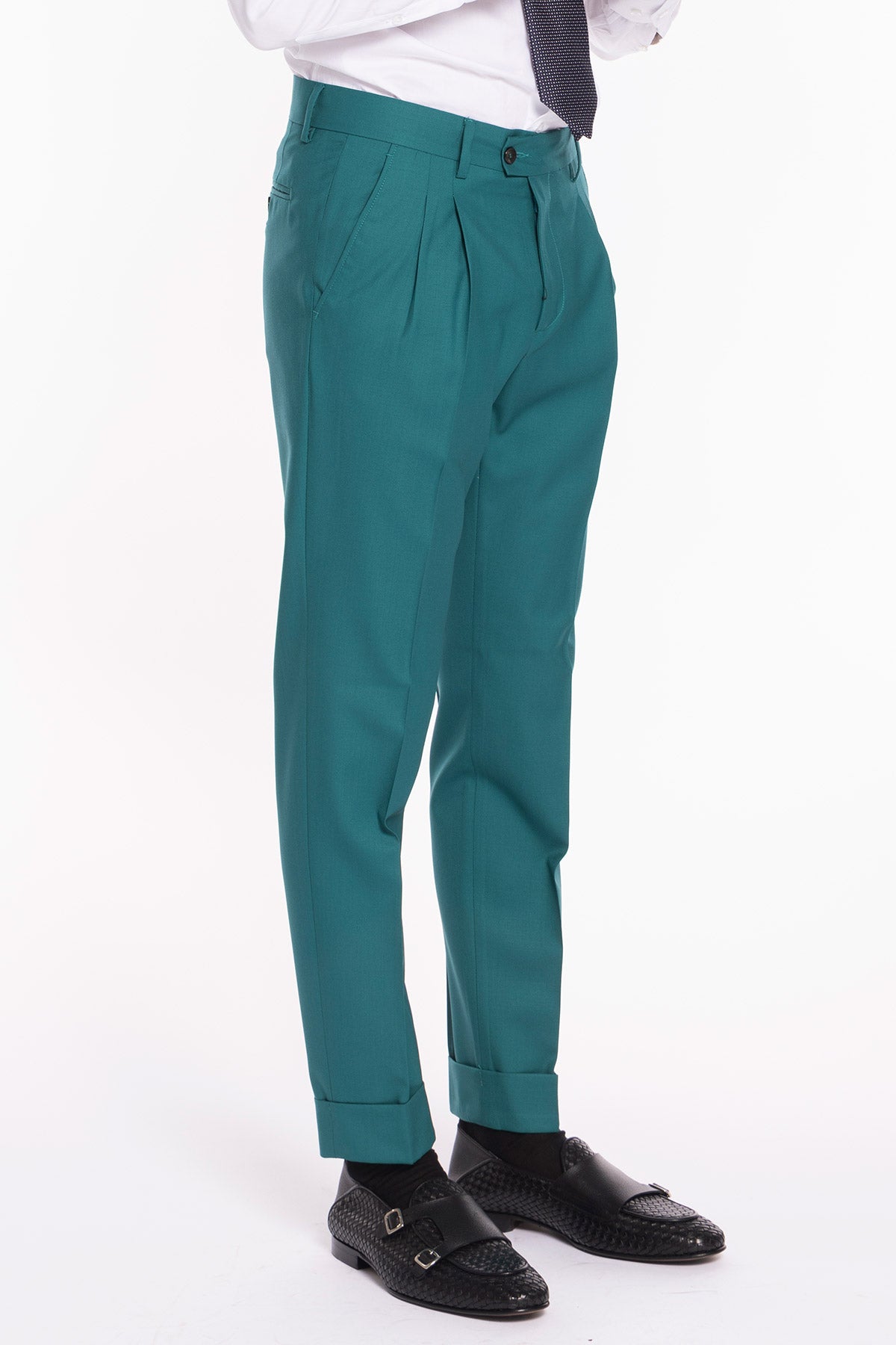 Pantalone uomo verde menta in fresco lana super 140's Holland & Sherry vita alta doppia pinces e risvolto 5cm