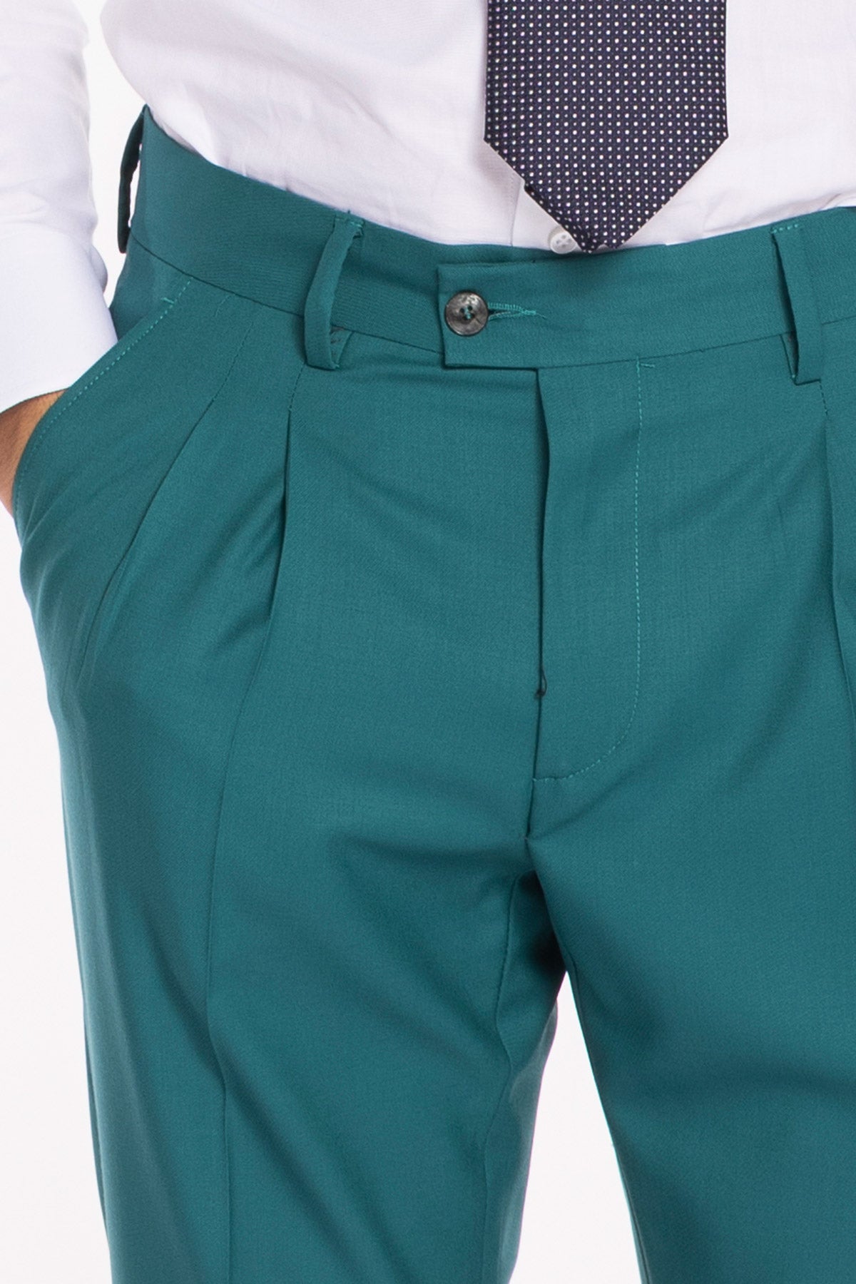 Pantalone uomo verde menta in fresco lana super 140's Holland & Sherry vita alta doppia pinces e risvolto 5cm