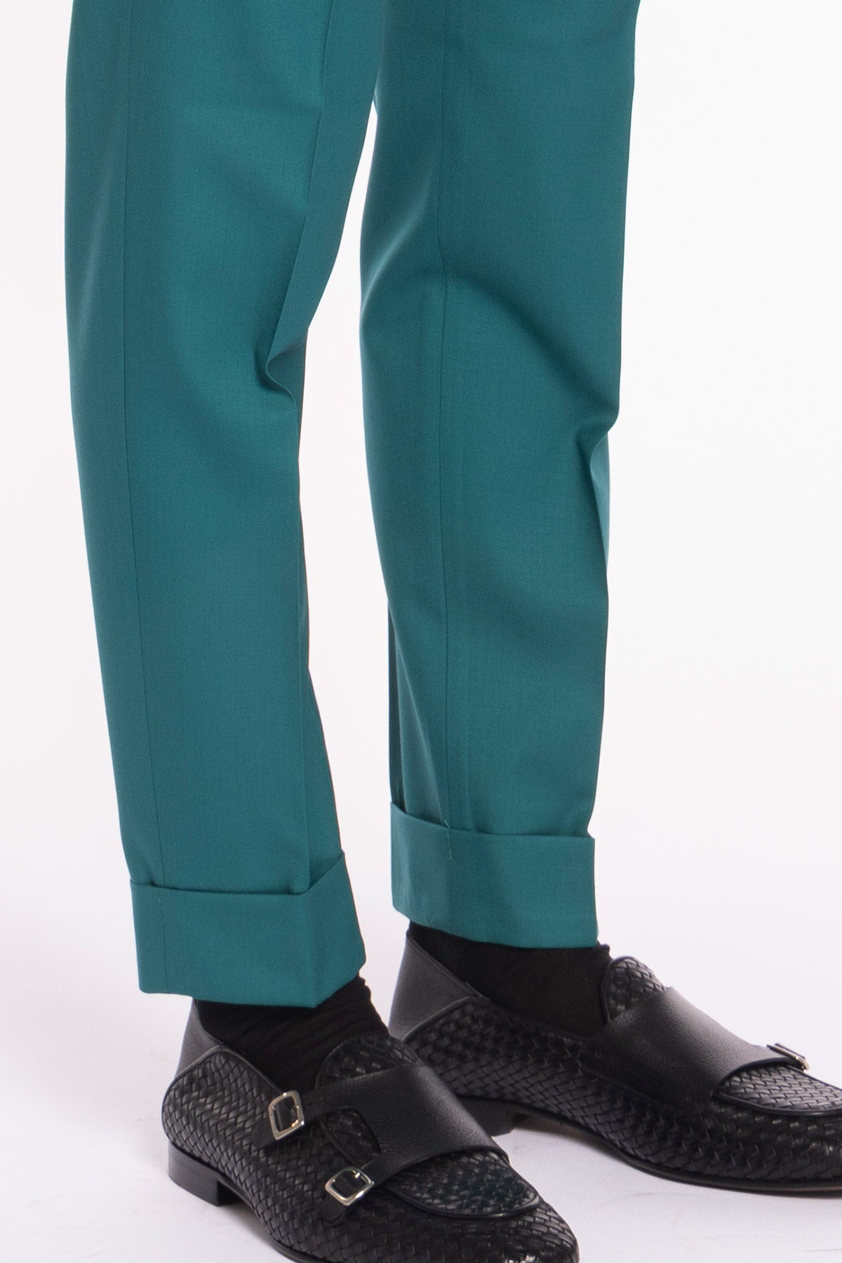 Pantalone uomo verde menta in fresco lana super 140's Holland & Sherry vita alta doppia pinces e risvolto 5cm