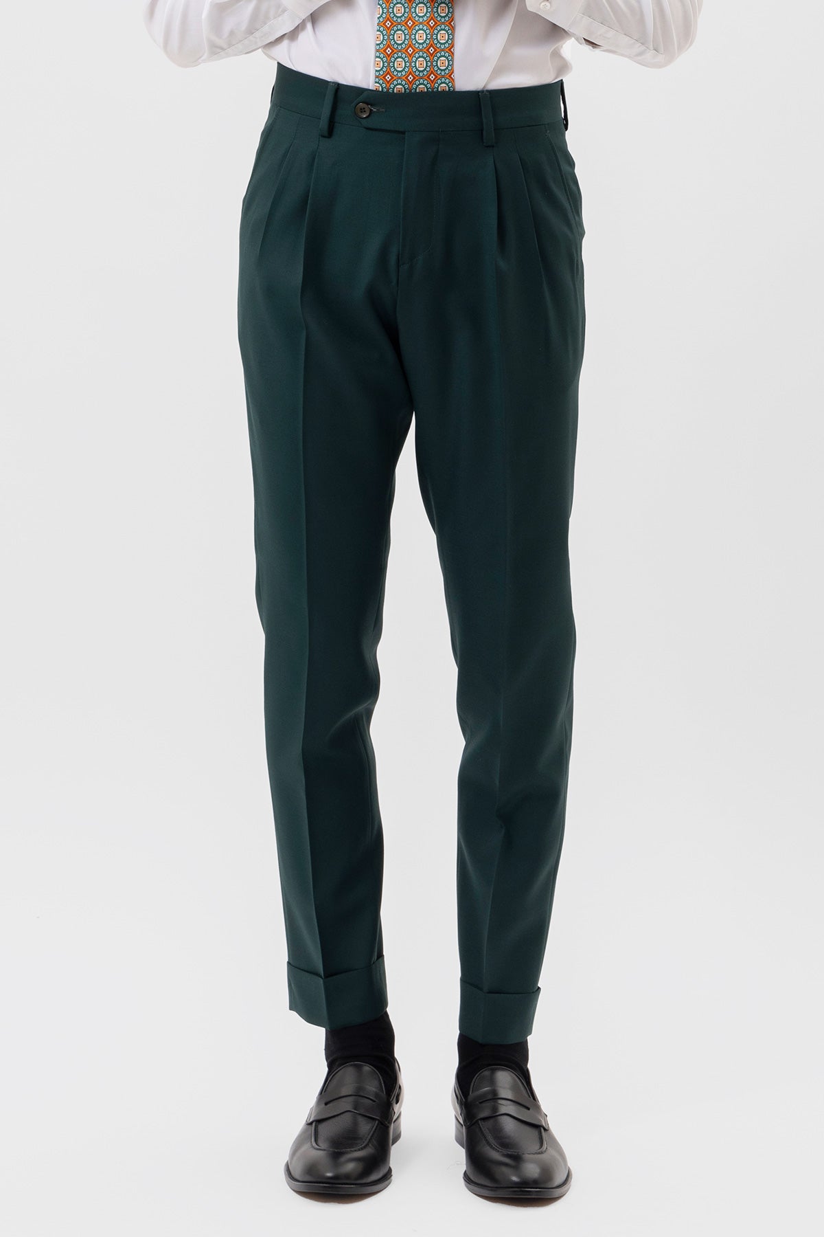 Pantalone uomo verde bottiglia in fresco lana super 140's Holland & Sherry vita alta doppia pinces e risvolto 5cm