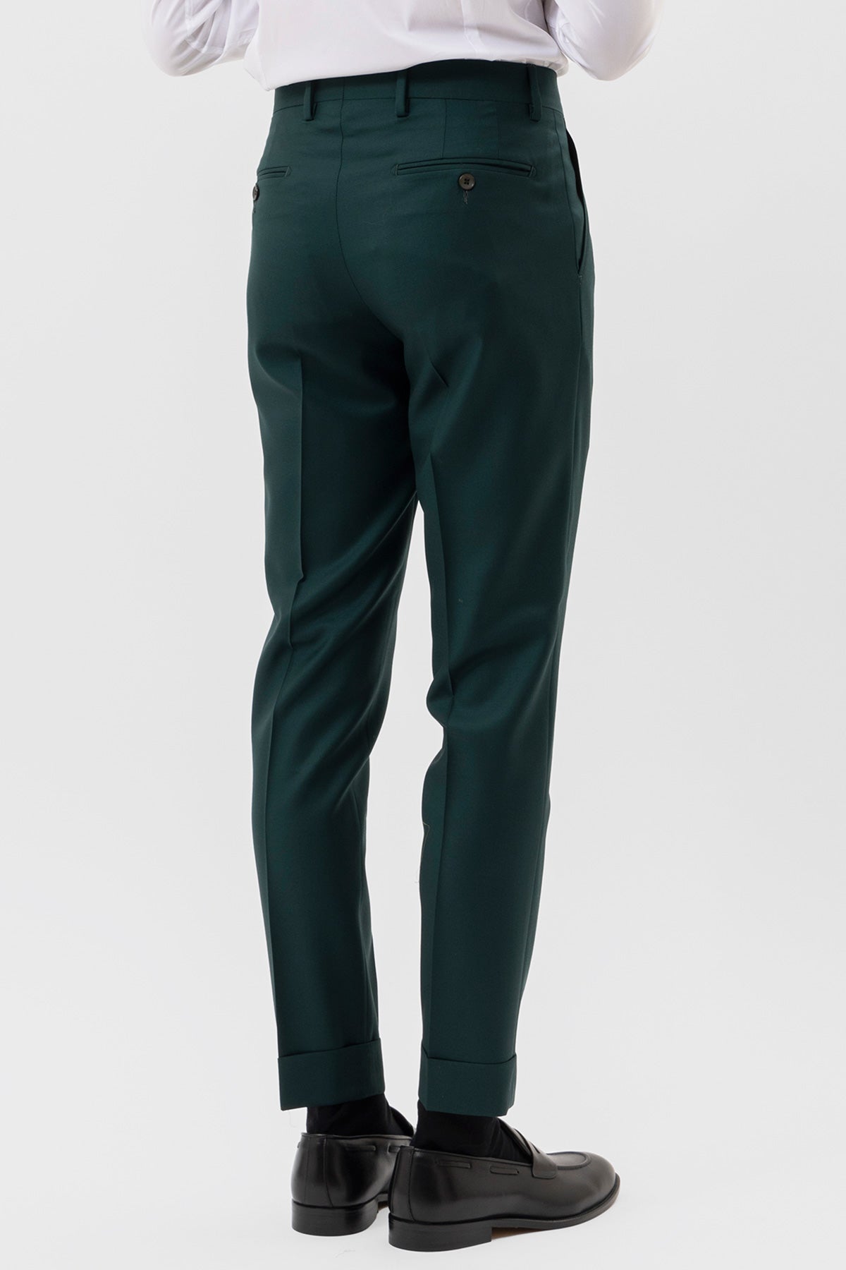 Pantalone uomo verde bottiglia in fresco lana super 140's Holland & Sherry vita alta doppia pinces e risvolto 5cm