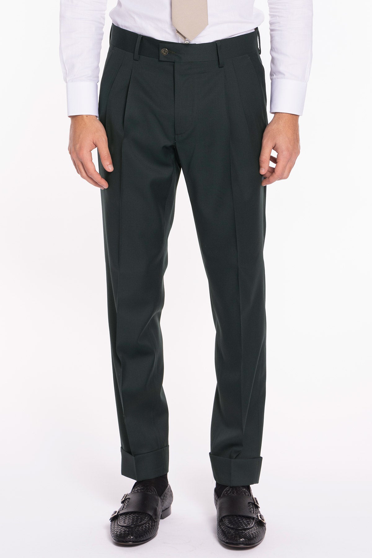 Pantalone uomo verde bottiglia scuro in fresco lana super120's Gabardine Holland & Sherry vita alta doppia pinces e risvolto 5cm