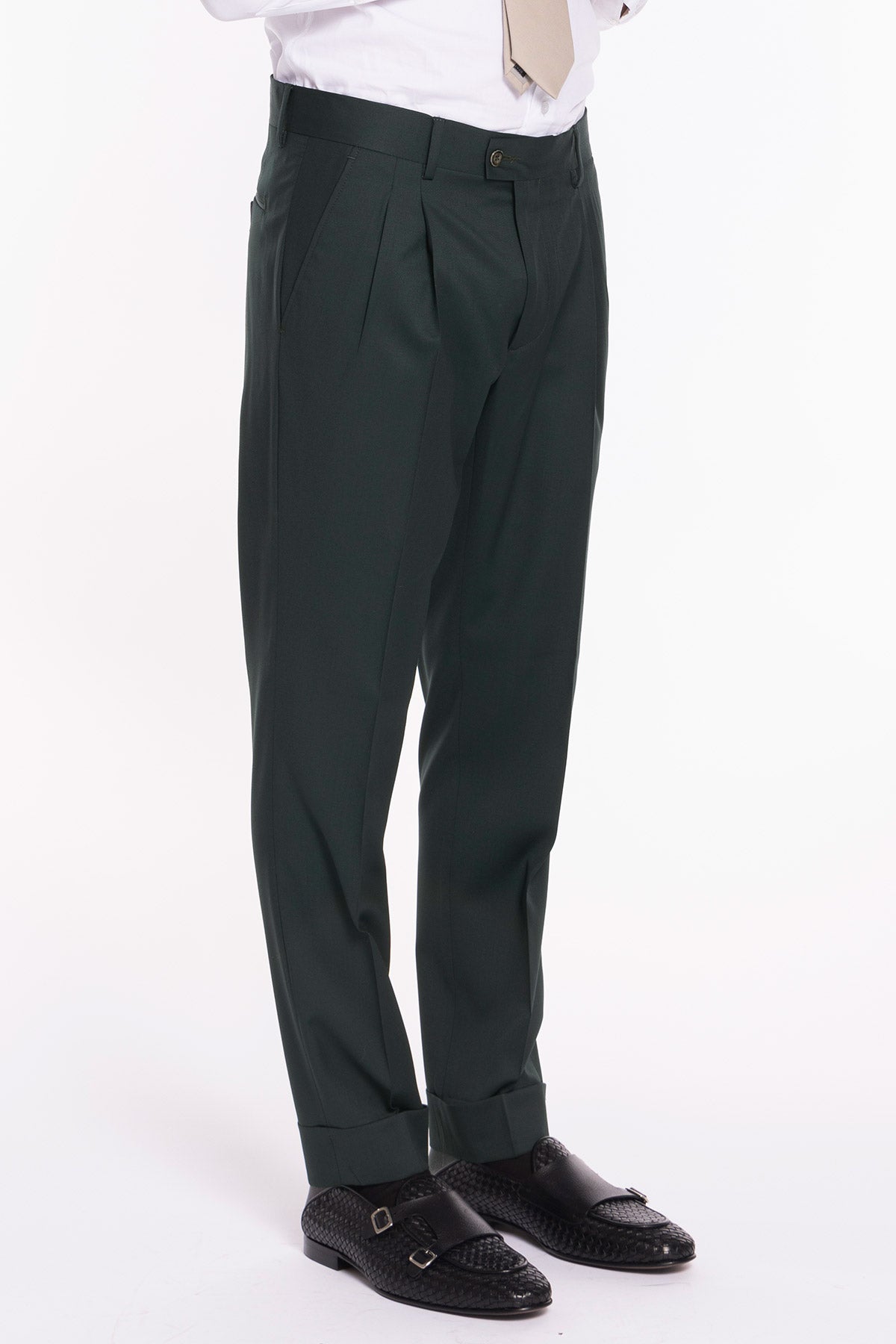 Pantalone uomo verde bottiglia scuro in fresco lana super120's Gabardine Holland & Sherry vita alta doppia pinces e risvolto 5cm
