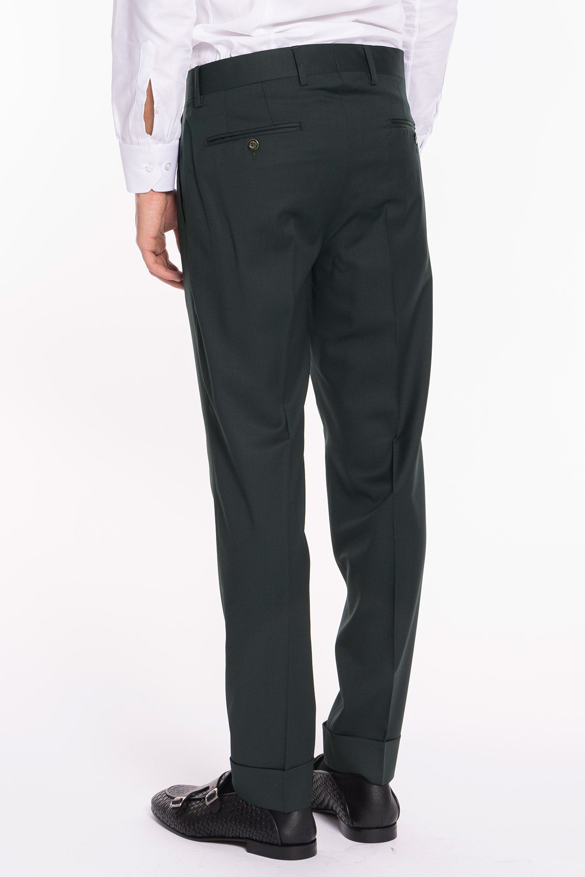 Pantalone uomo verde bottiglia scuro in fresco lana super120's Gabardine Holland & Sherry vita alta doppia pinces e risvolto 5cm