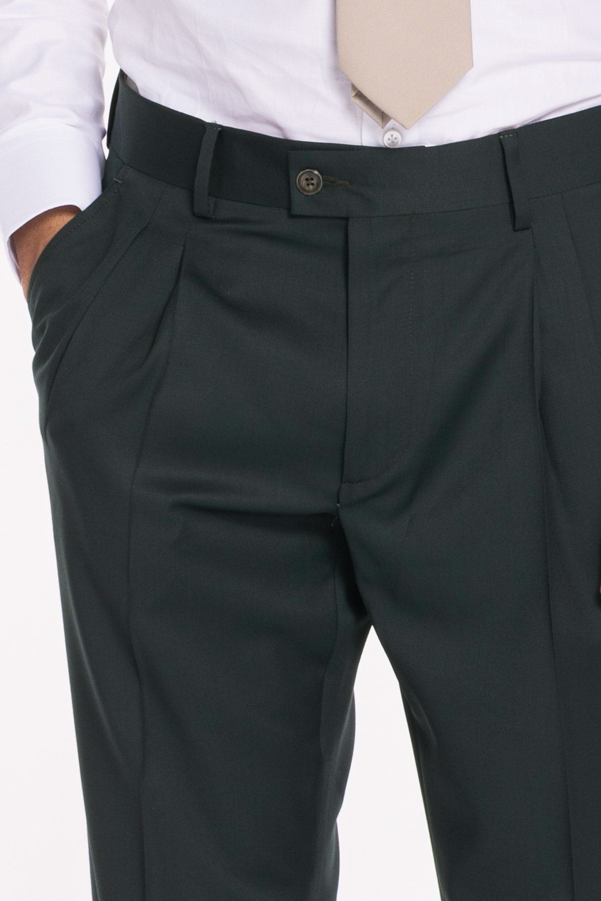 Pantalone uomo verde bottiglia scuro in fresco lana super120's Gabardine Holland & Sherry vita alta doppia pinces e risvolto 5cm