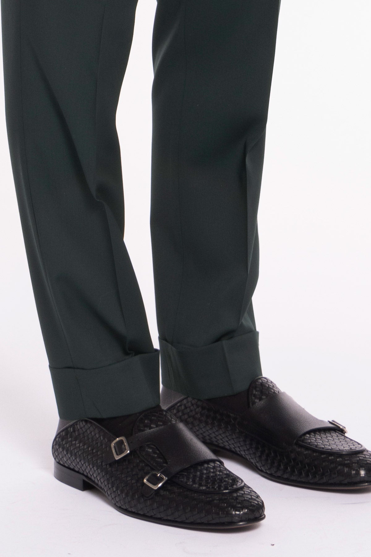 Pantalone uomo verde bottiglia scuro in fresco lana super120's Gabardine Holland & Sherry vita alta doppia pinces e risvolto 5cm