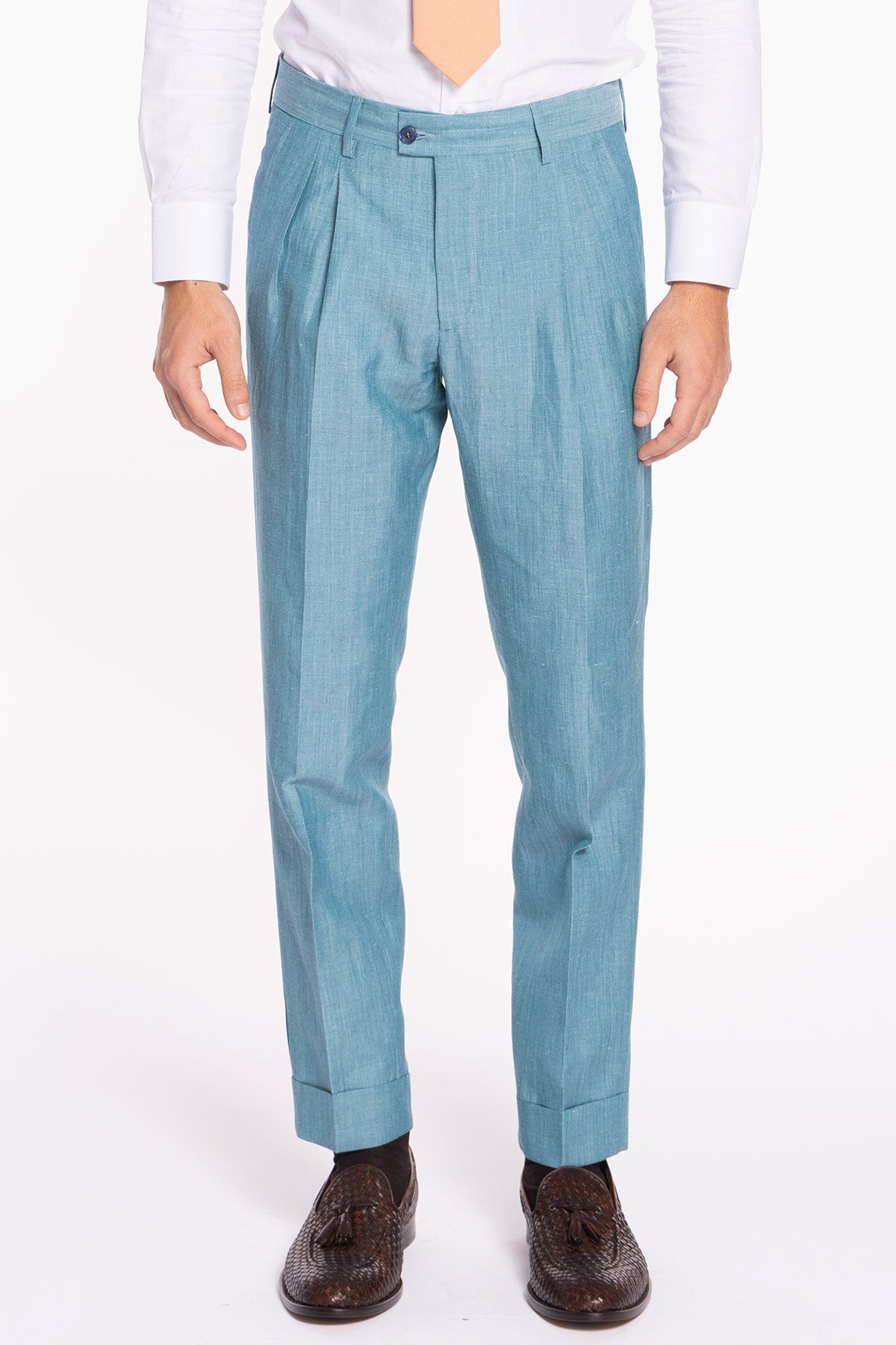 Pantalone uomo azzurro in lino e fresco lana super120's Holland & Sherry vita alta doppia pinces e risvolto 5cm