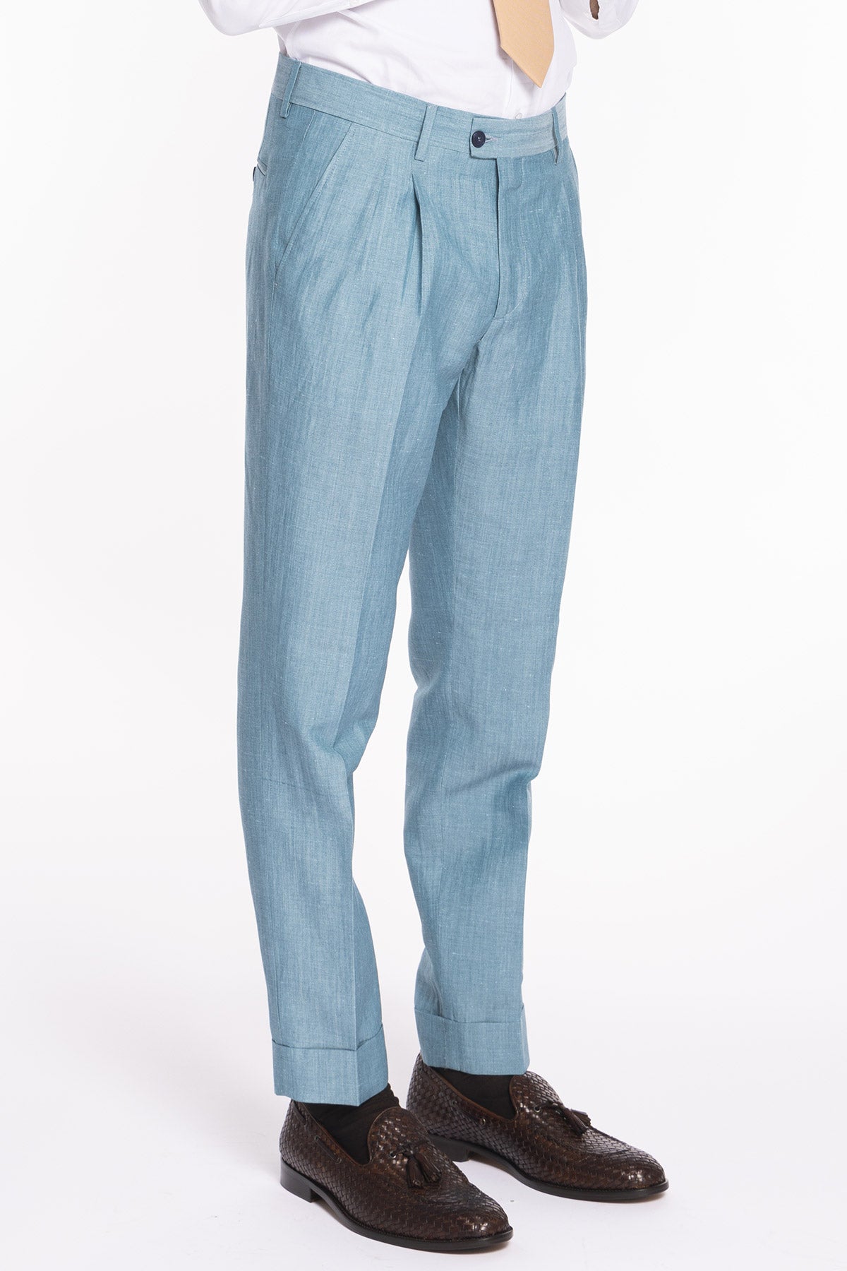 Pantalone uomo azzurro in lino e fresco lana super120's Holland & Sherry vita alta doppia pinces e risvolto 5cm