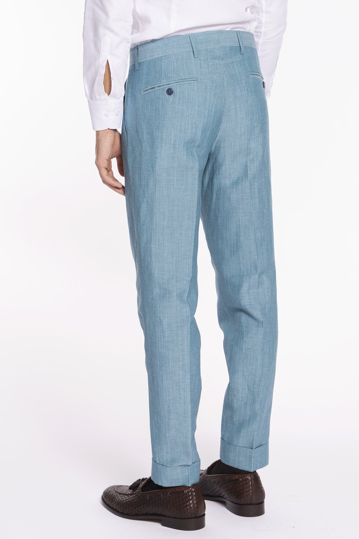 Pantalone uomo azzurro in lino e fresco lana super120's Holland & Sherry vita alta doppia pinces e risvolto 5cm