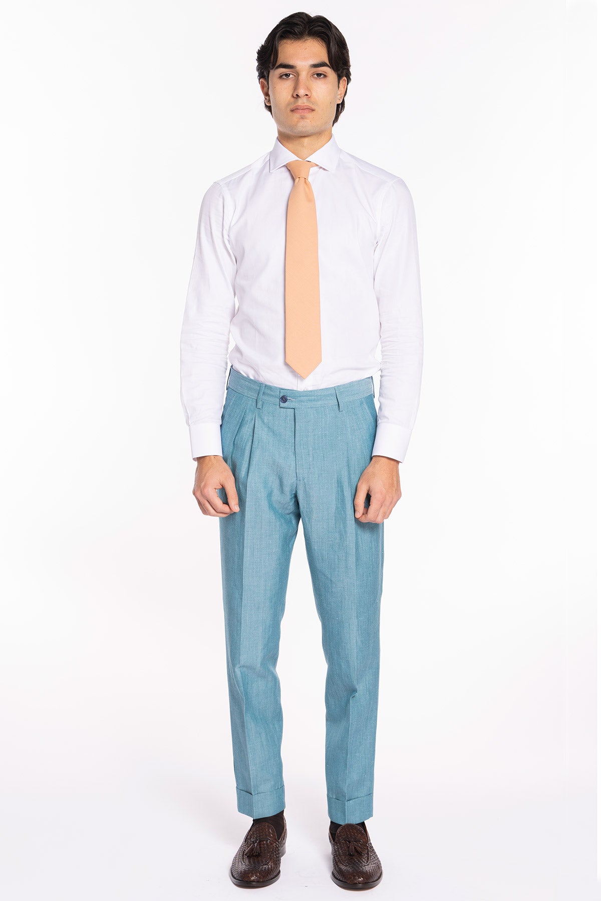 Pantalone uomo azzurro in lino e fresco lana super120's Holland & Sherry vita alta doppia pinces e risvolto 5cm