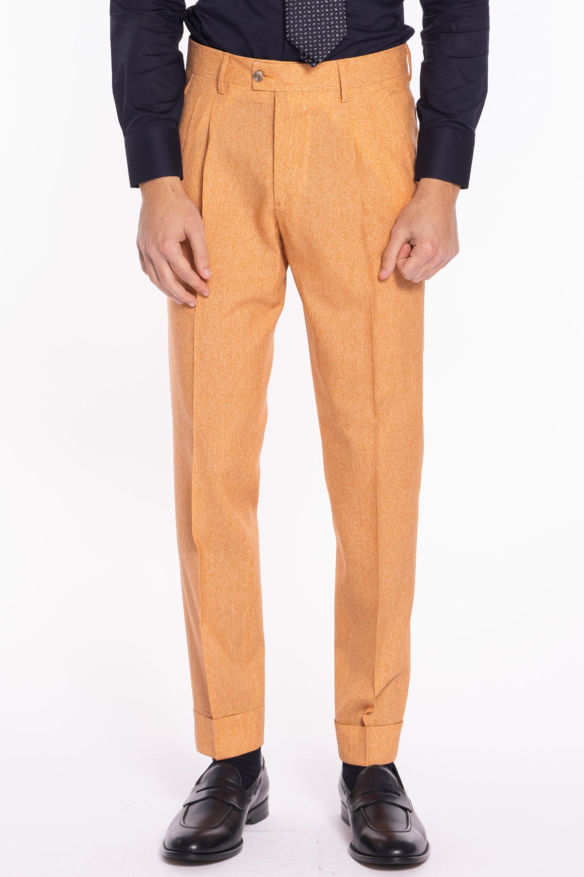 Pantalone uomo arancio in fresco lana stampato Vitale Barberis Canonico vita alta doppia pinces e risvolto 5cm
