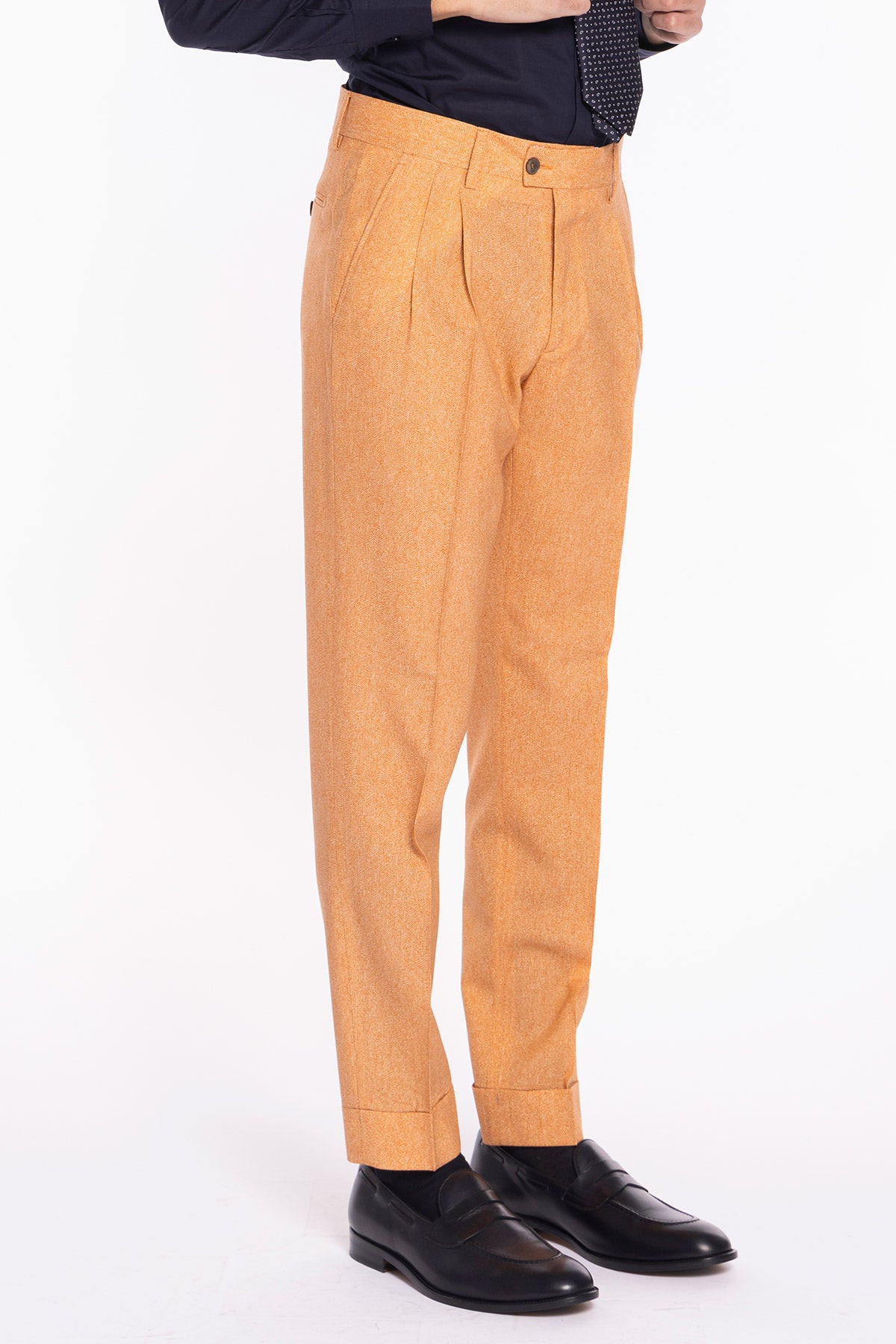 Pantalone uomo arancio in fresco lana stampato Vitale Barberis Canonico vita alta doppia pinces e risvolto 5cm
