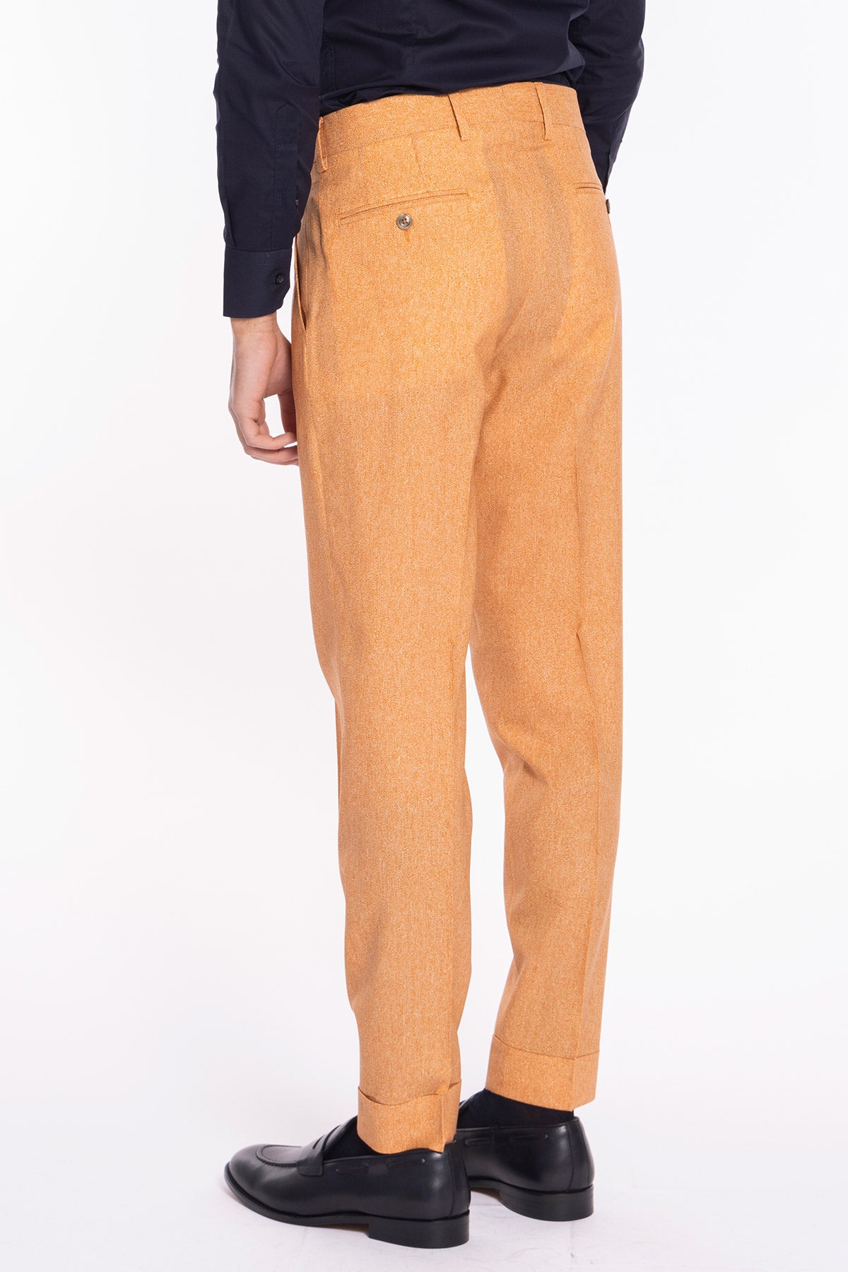 Pantalone uomo arancio in fresco lana stampato Vitale Barberis Canonico vita alta doppia pinces e risvolto 5cm
