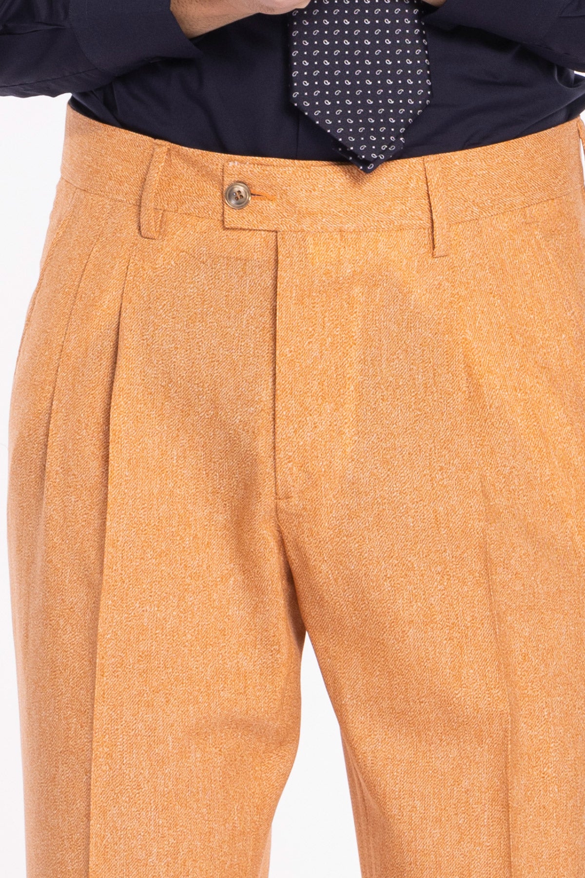 Pantalone uomo arancio in fresco lana stampato Vitale Barberis Canonico vita alta doppia pinces e risvolto 5cm
