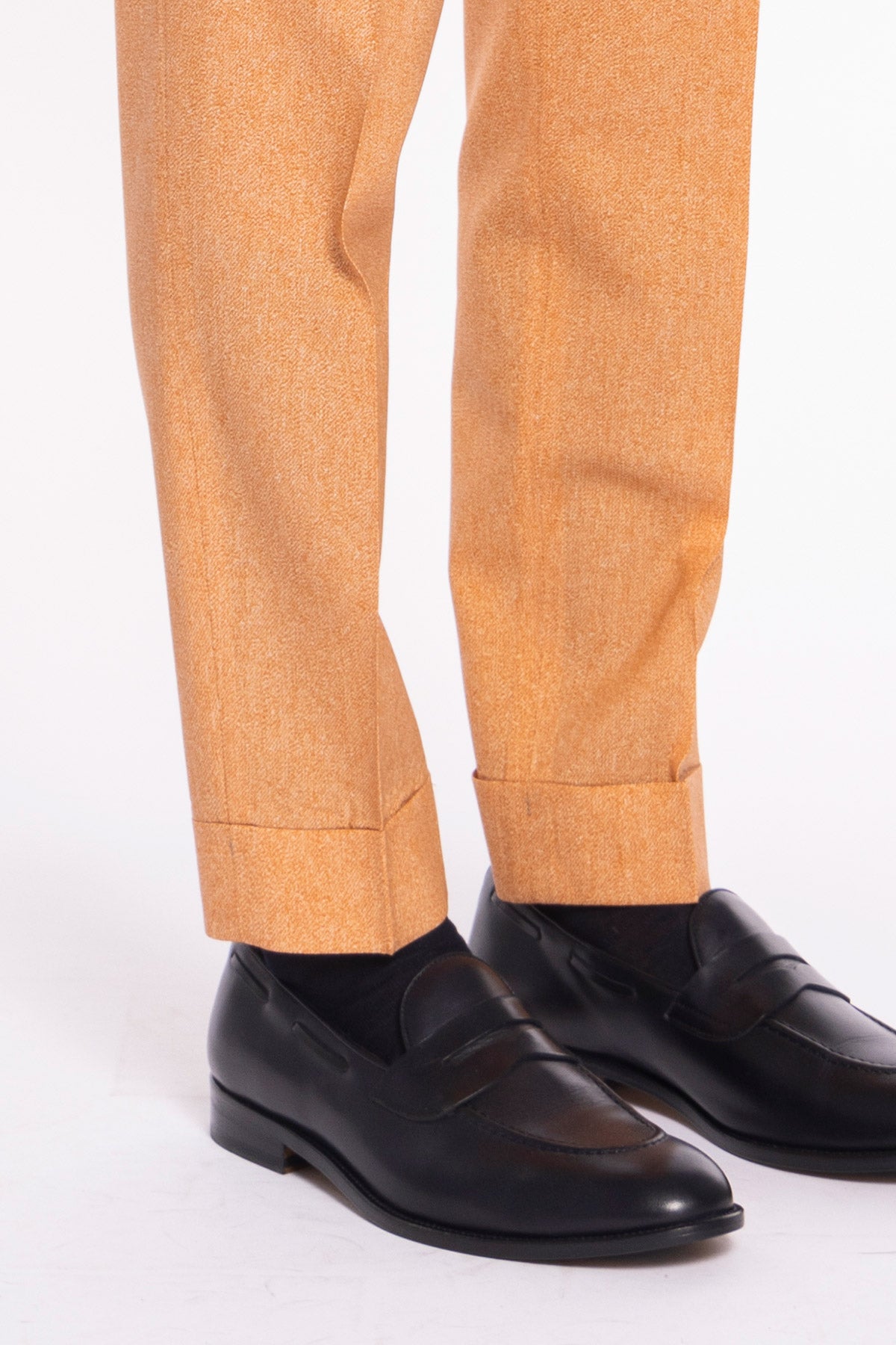Pantalone uomo arancio in fresco lana stampato Vitale Barberis Canonico vita alta doppia pinces e risvolto 5cm