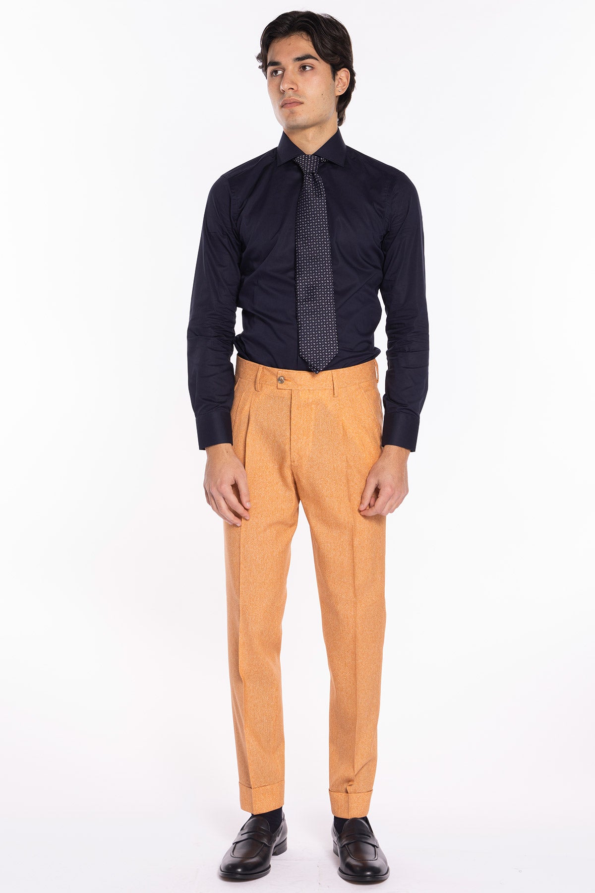Pantalone uomo arancio in fresco lana stampato Vitale Barberis Canonico vita alta doppia pinces e risvolto 5cm