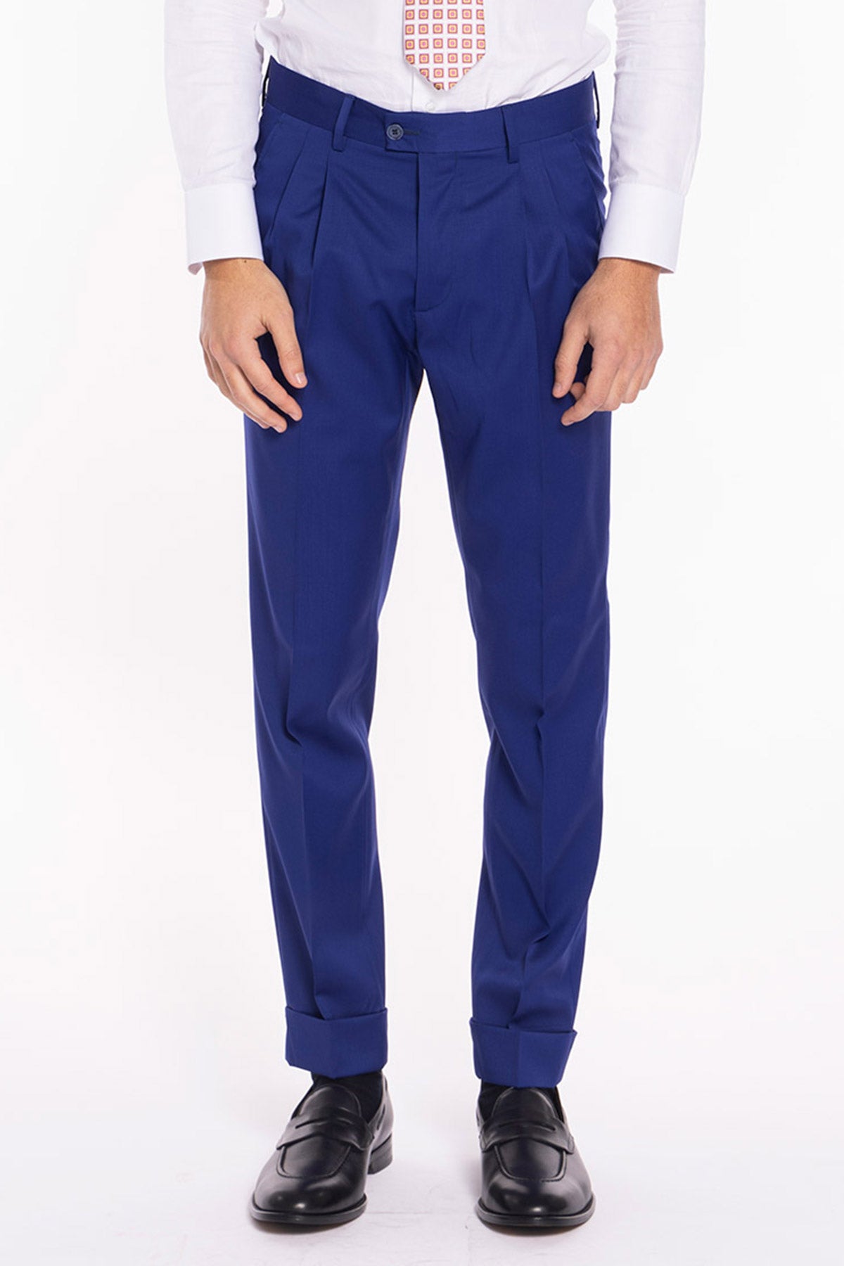 Pantalone uomo royal blu in fresco lana super 130's Vitale Barberis Canonico vita alta doppia pinces e risvolto 5cm