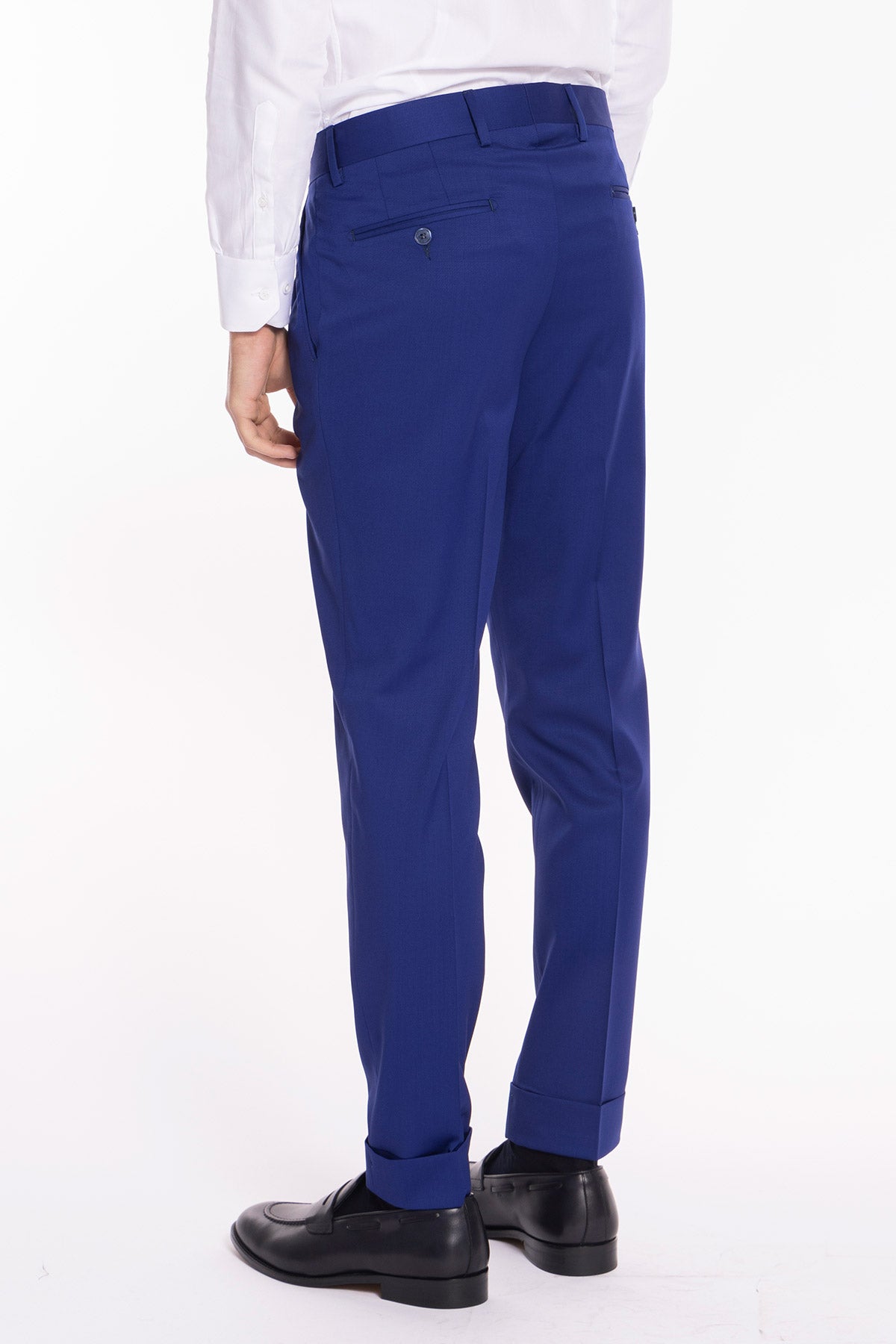 Pantalone uomo royal blu in fresco lana super 130's Vitale Barberis Canonico vita alta doppia pinces e risvolto 5cm