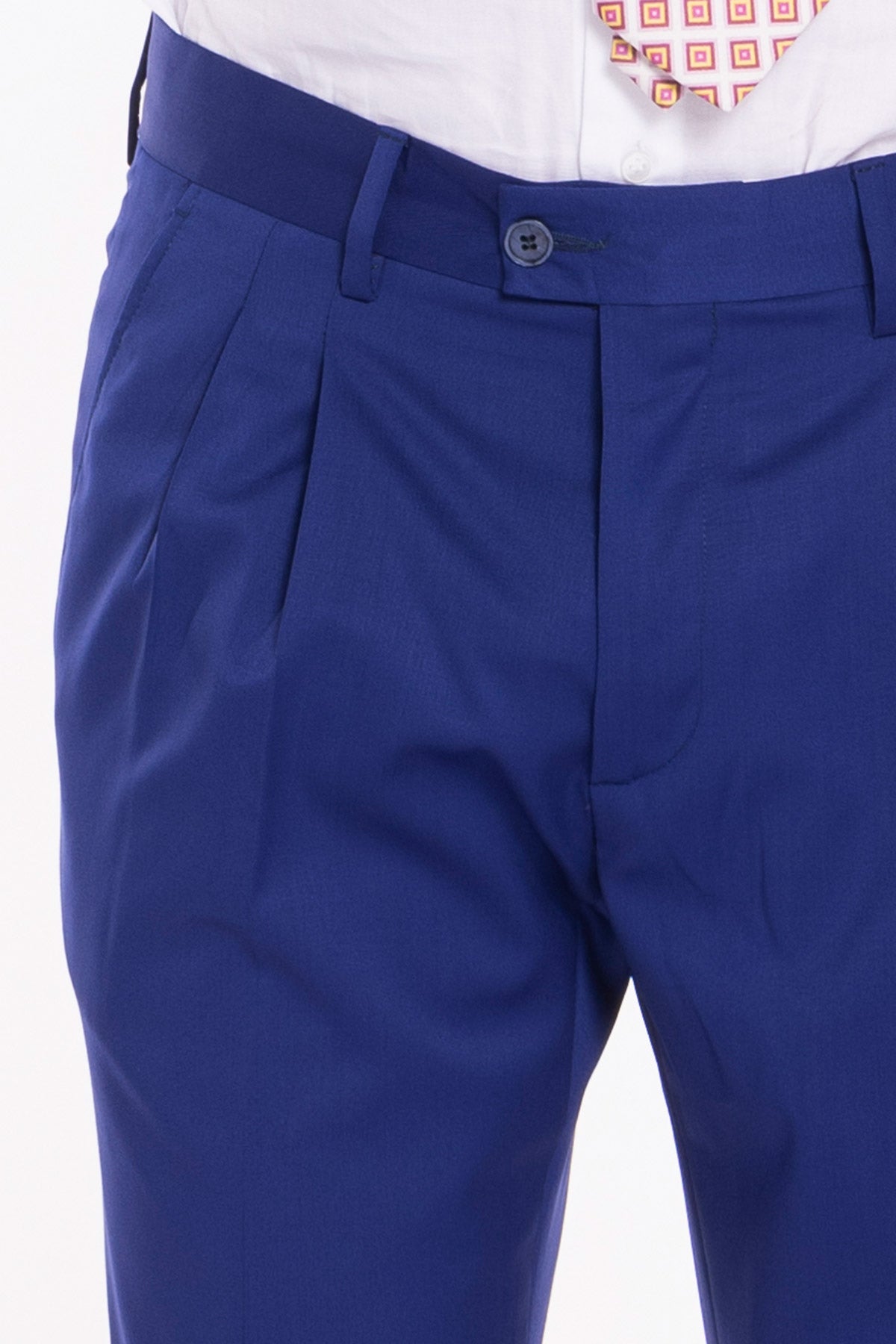 Pantalone uomo royal blu in fresco lana super 130's Vitale Barberis Canonico vita alta doppia pinces e risvolto 5cm