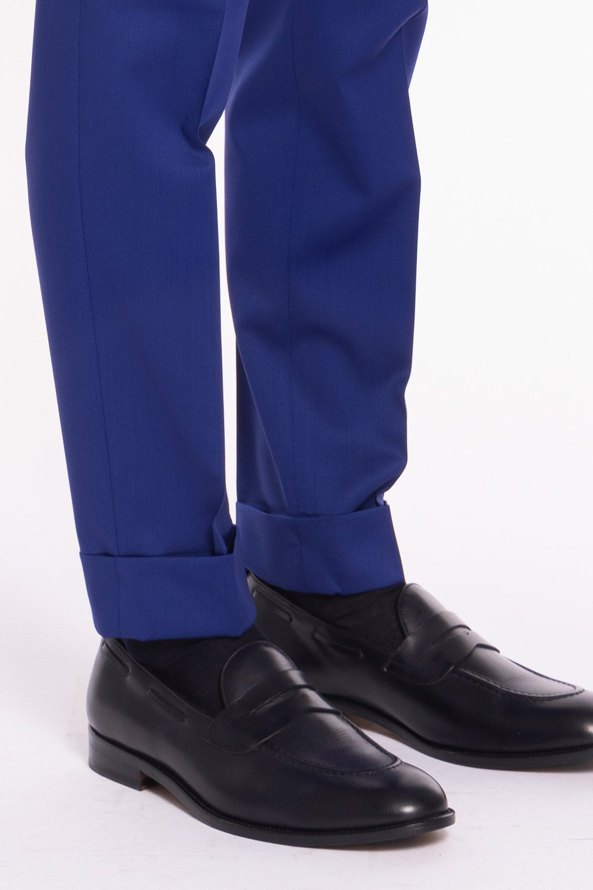 Pantalone uomo royal blu in fresco lana super 130's Vitale Barberis Canonico vita alta doppia pinces e risvolto 5cm