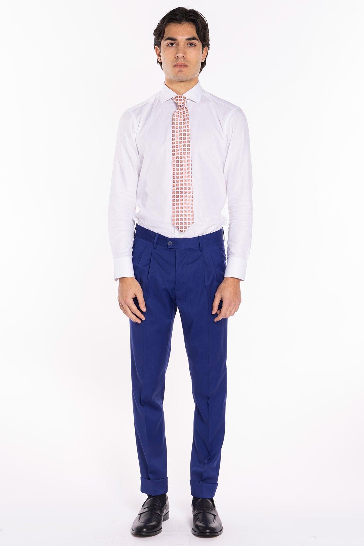 Pantalone uomo royal blu in fresco lana super 130's Vitale Barberis Canonico vita alta doppia pinces e risvolto 5cm