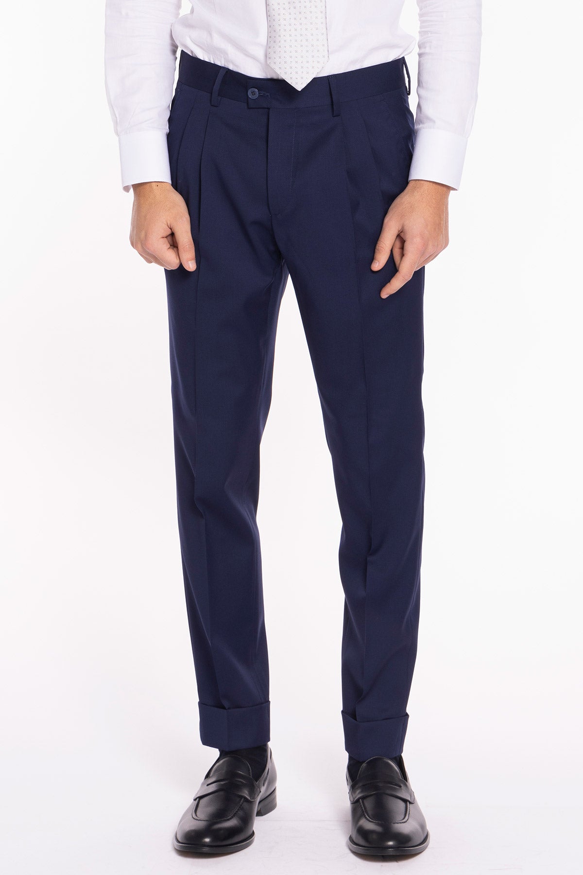 Pantalone uomo blu in fresco lana super 130's Vitale Barberis Canonico vita alta doppia pinces e risvolto 5cm