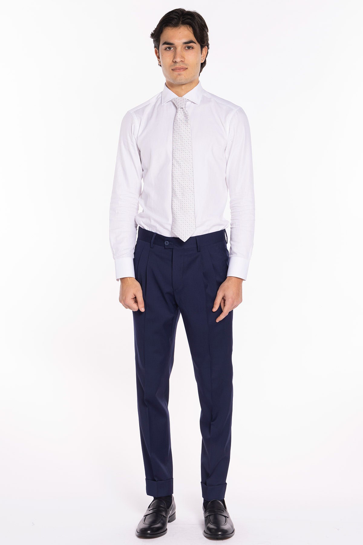 Pantalone uomo blu in fresco lana super 130's Vitale Barberis Canonico vita alta doppia pinces e risvolto 5cm