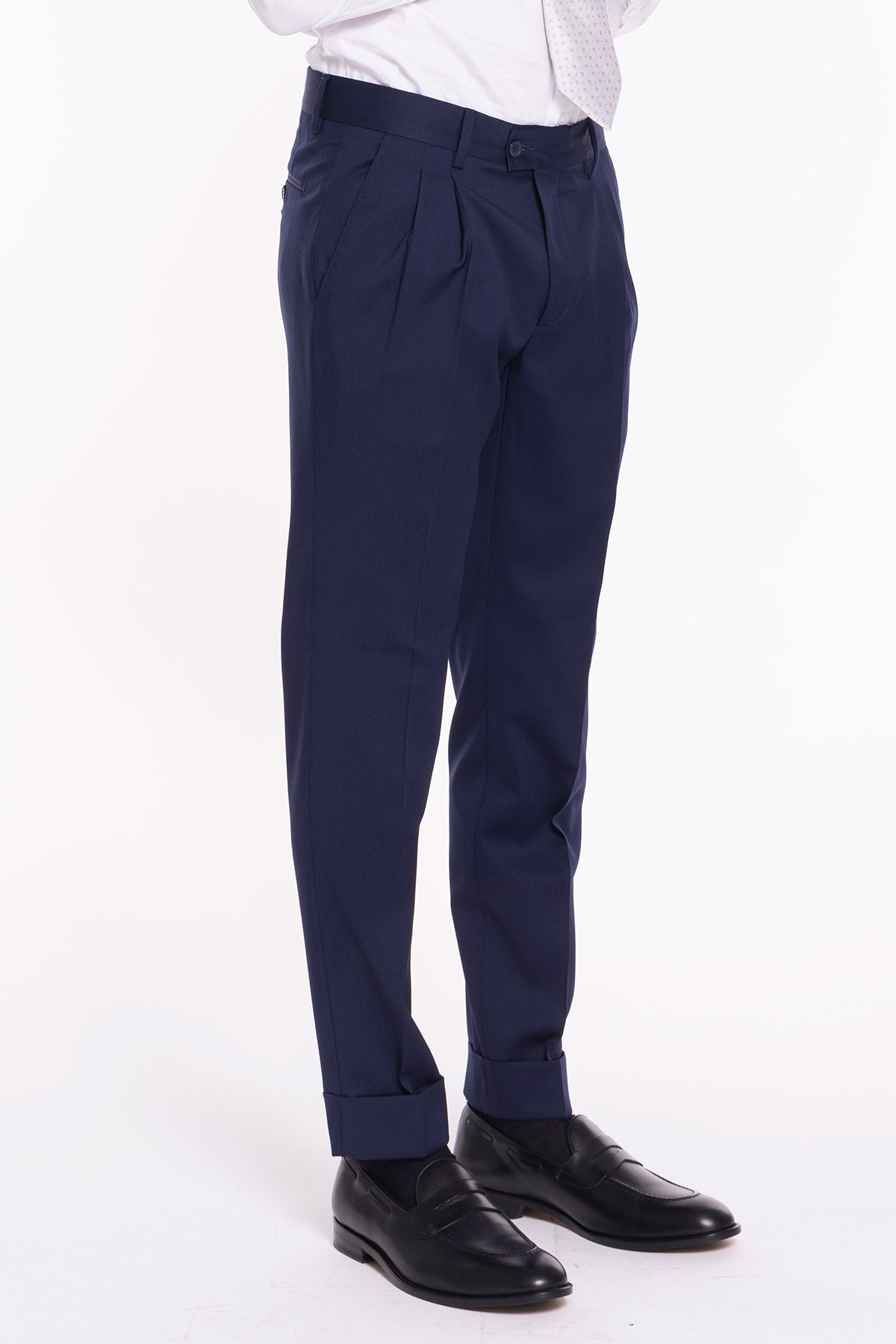 Pantalone uomo blu in fresco lana super 130's Vitale Barberis Canonico vita alta doppia pinces e risvolto 5cm