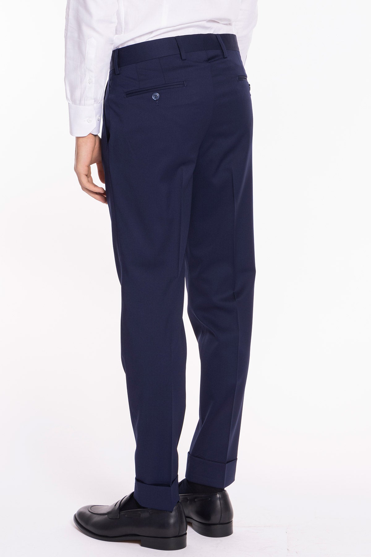 Pantalone uomo blu in fresco lana super 130's Vitale Barberis Canonico vita alta doppia pinces e risvolto 5cm