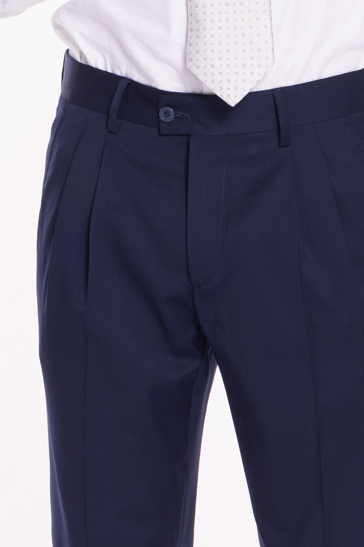 Pantalone uomo blu in fresco lana super 130's Vitale Barberis Canonico vita alta doppia pinces e risvolto 5cm