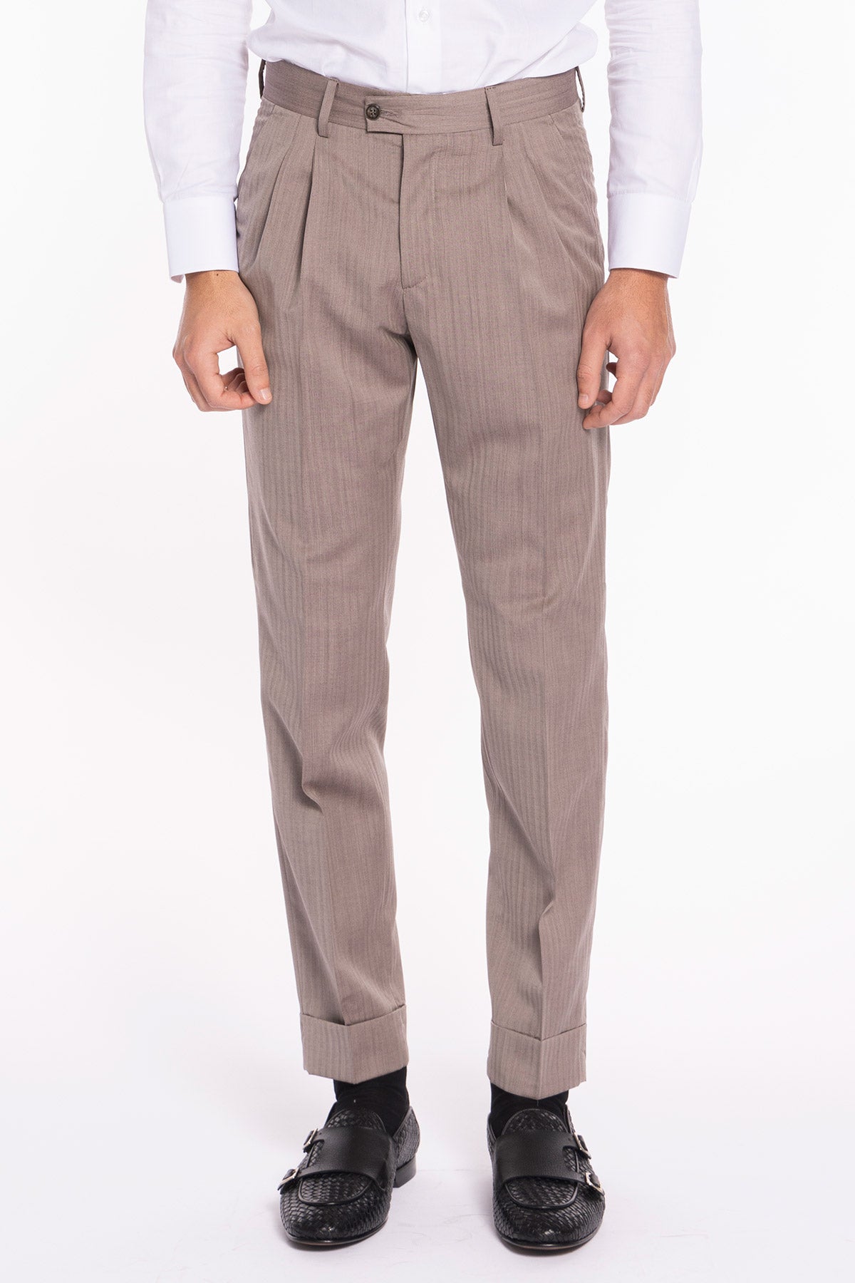 Pantalone uomo fango solaro in lana e seta Holland & Sherry vita alta doppia pinces e risvolto 5cm