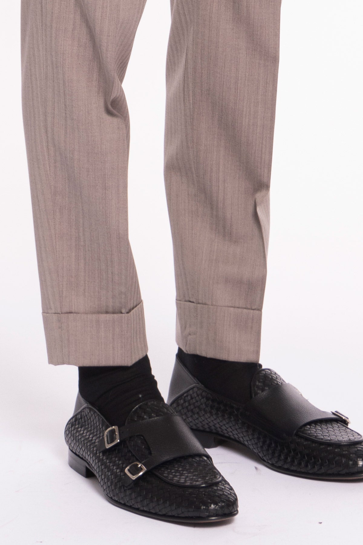 Pantalone uomo fango solaro in lana e seta Holland & Sherry vita alta doppia pinces e risvolto 5cm