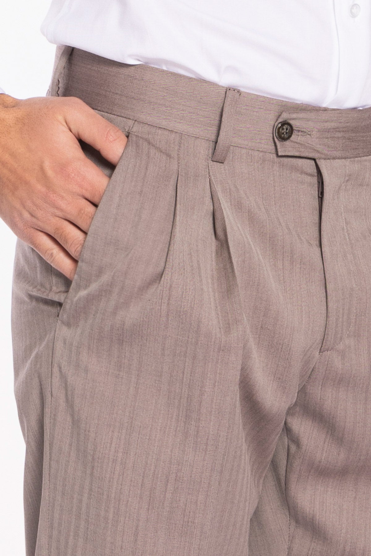 Pantalone uomo fango solaro in lana e seta Holland & Sherry vita alta doppia pinces e risvolto 5cm
