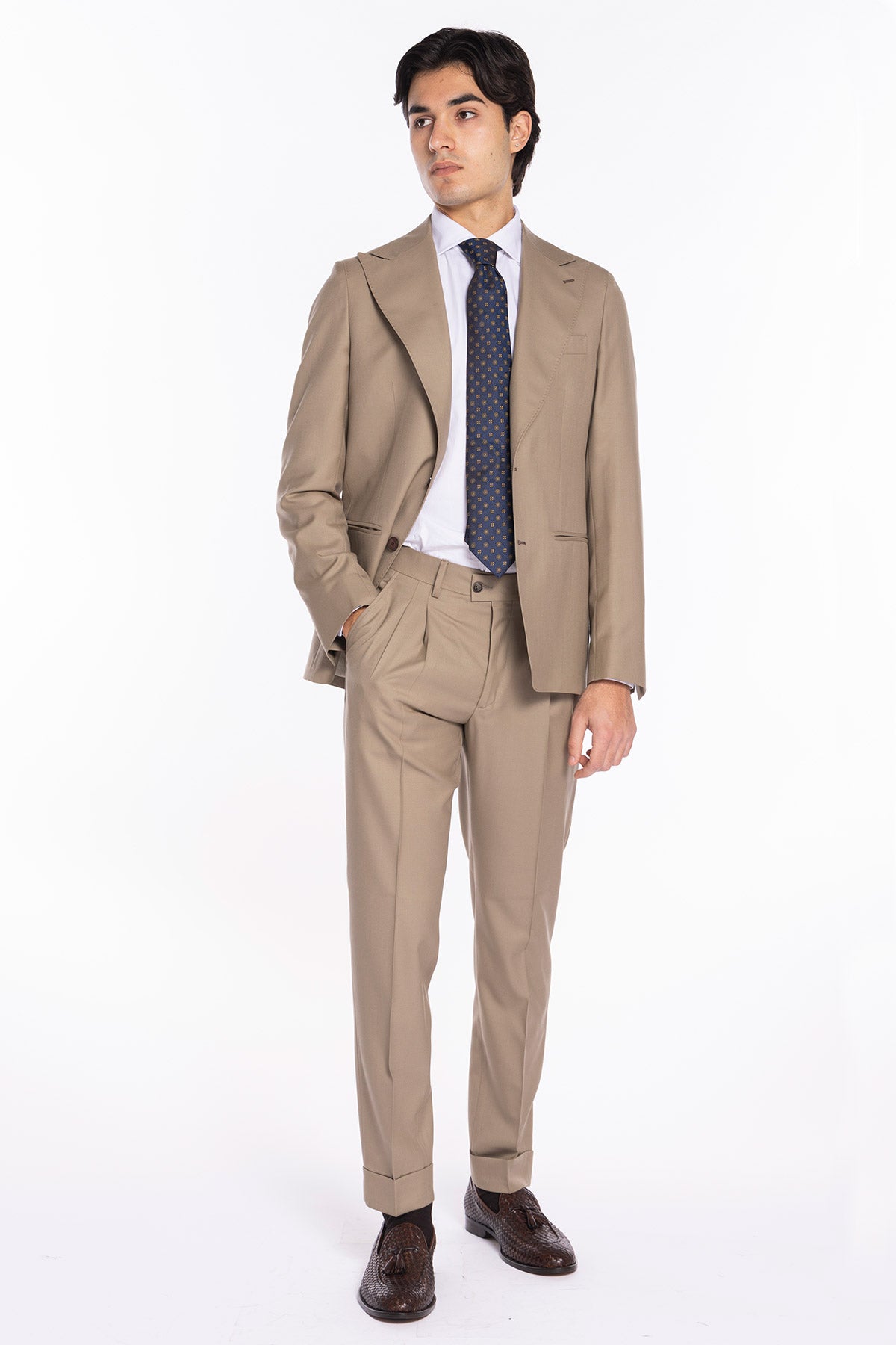 Giacca uomo monopetto beige fresco lana super 140's Holland & Sherry Rever a lancia
