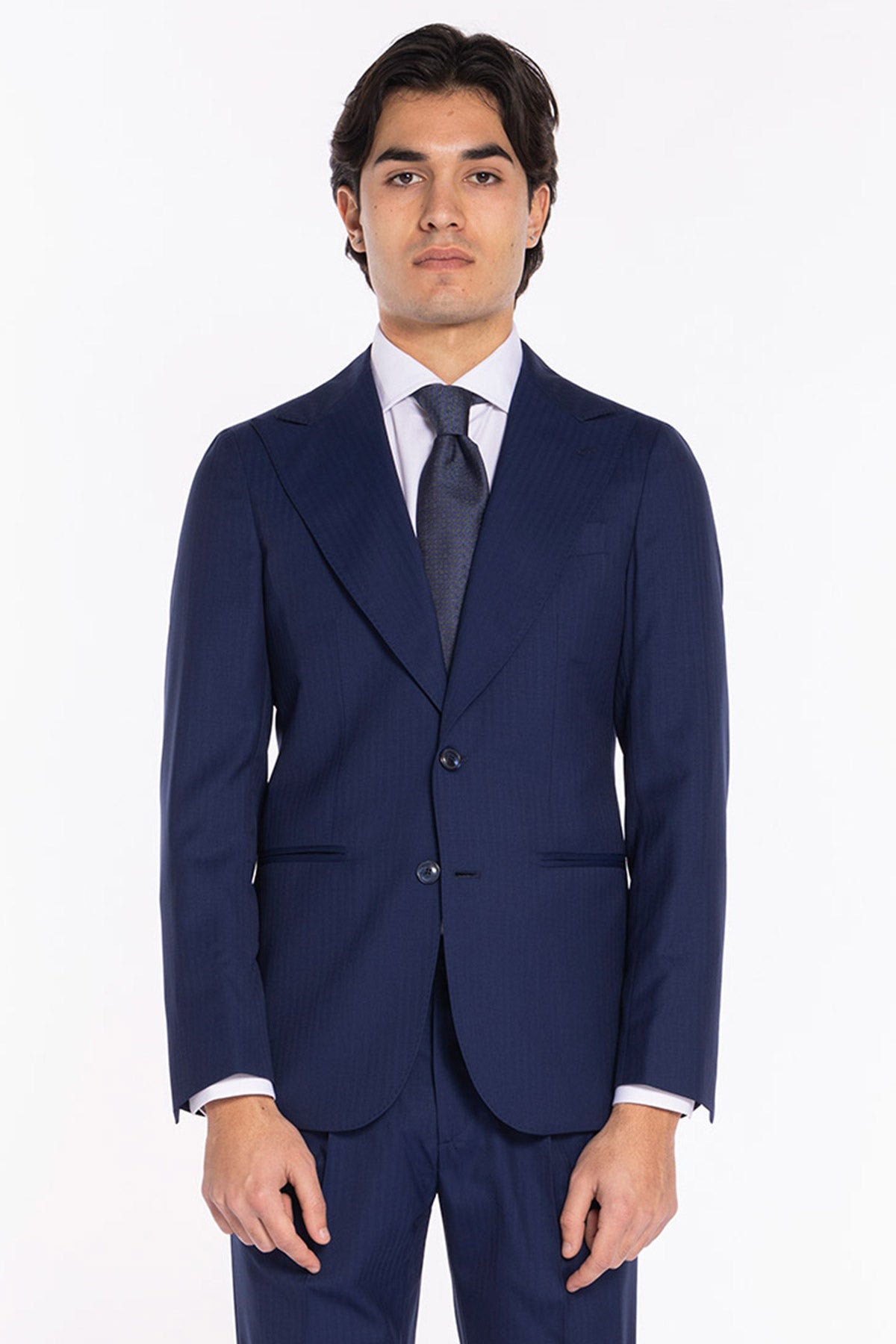 Giacca uomo monopetto solaro blu fresco lana e seta Holland & Sherry Rever a lancia
