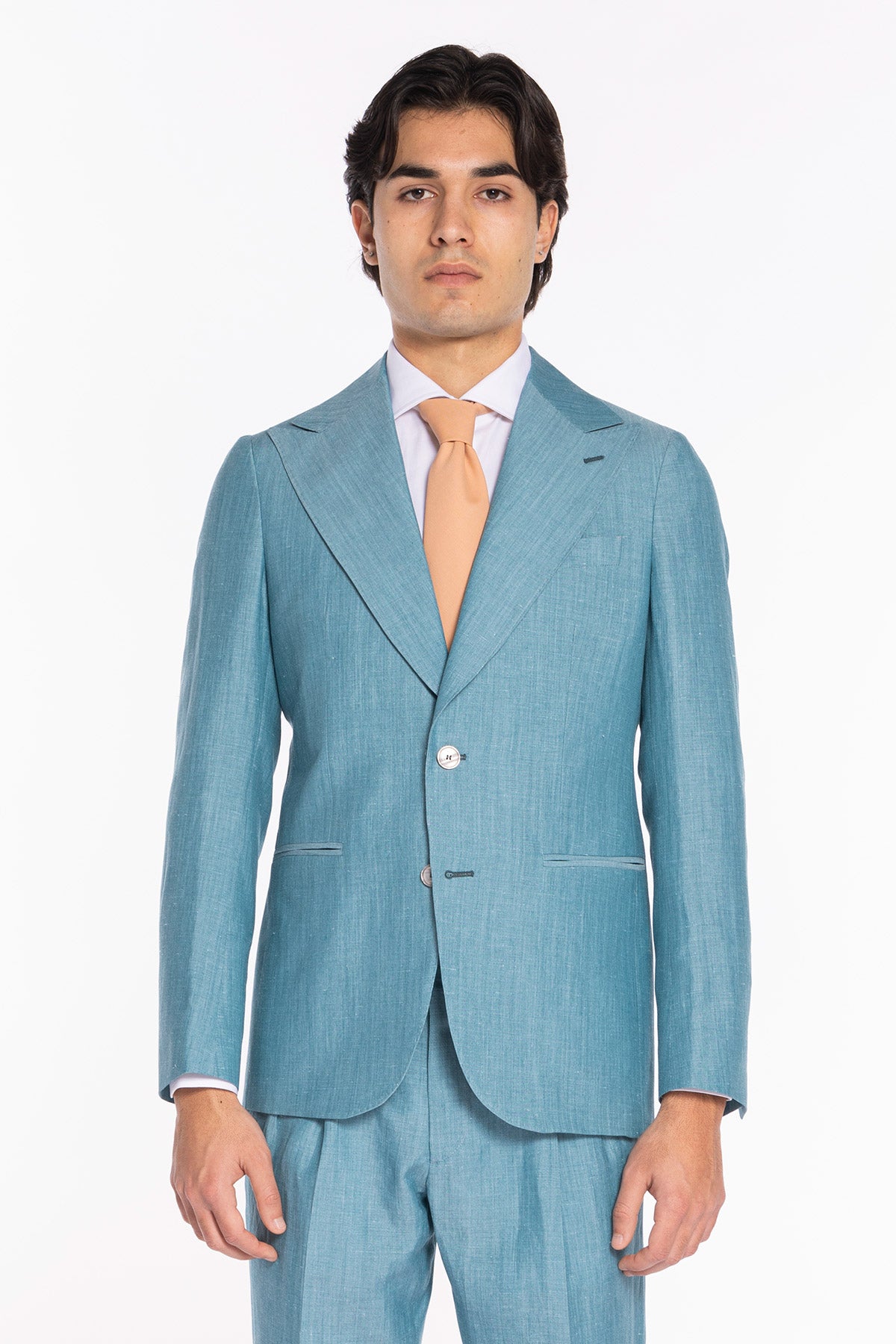 Giacca uomo monopetto azzurro in lino e fresco lana super 120's Holland & Sherry Rever a lancia