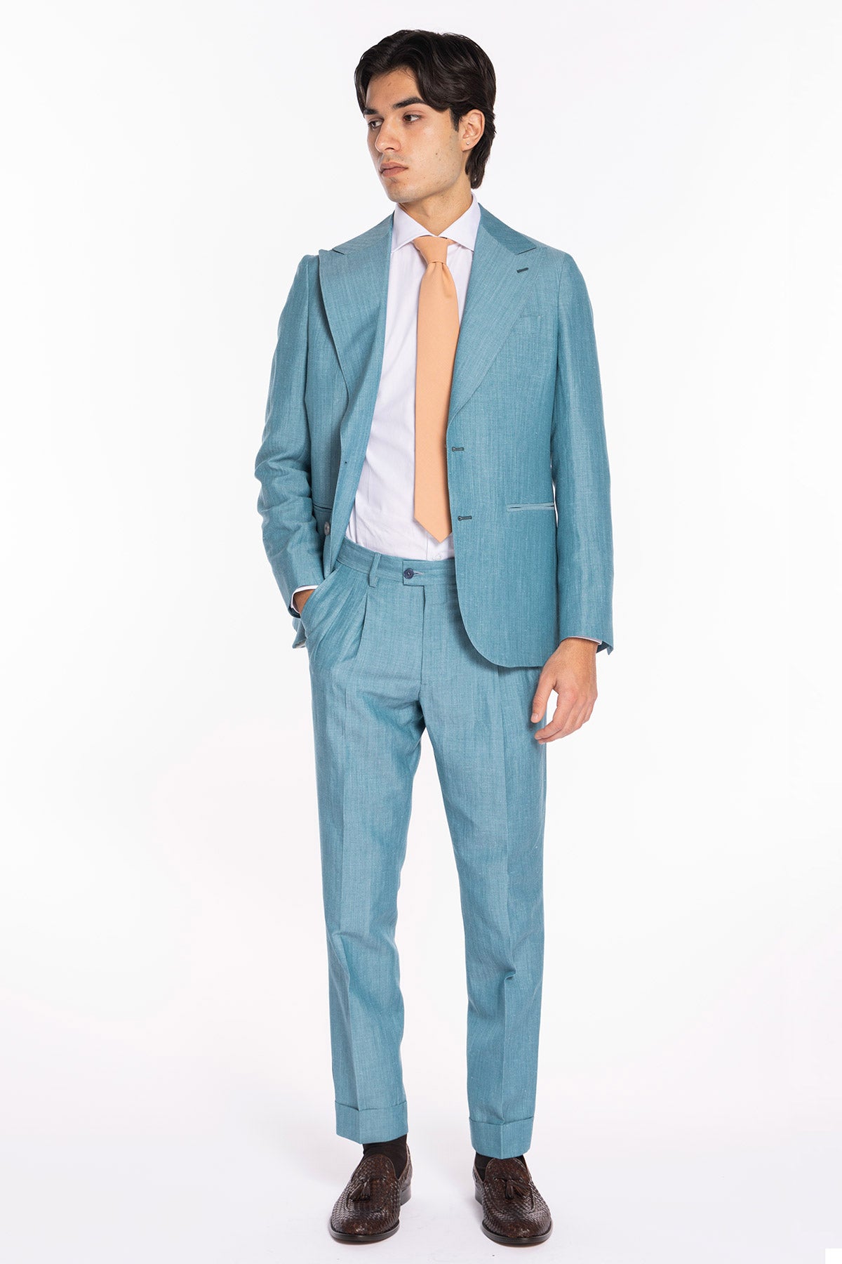 Giacca uomo monopetto azzurro in lino e fresco lana super 120's Holland & Sherry Rever a lancia