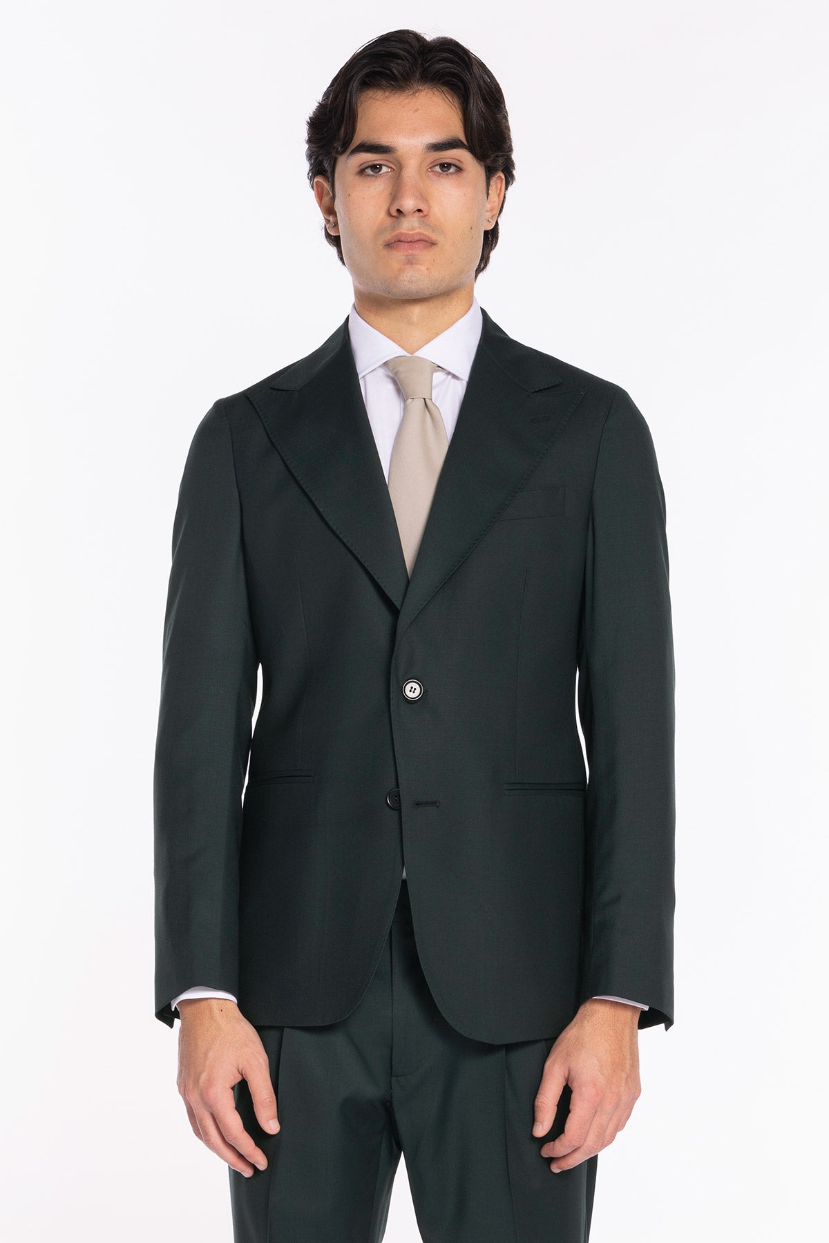 Giacca uomo monopetto verde bottiglia scuro fresco lana super 120's  gabardine Holland & Sherry Rever a lancia